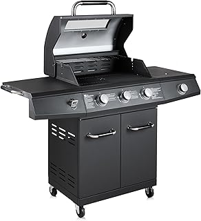 Fire Mountain Everest Pro 4 Burner Premium Gas BBQ, Outdoor Barbeque Grill, 3 Main + 1 Side Burner, Lid with Glass Window and Built-in Thermometer, Family Sized Cooking Area