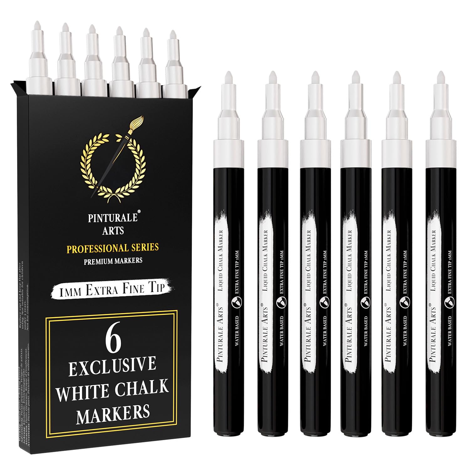 Pinturale Arts 6 Extra Fine Tip White Chalk Markers | 1mm Tip | For Windows, Blackboard, Dry Erase Board, Chalkboards, Glass, Easy Erase | White Chalk
