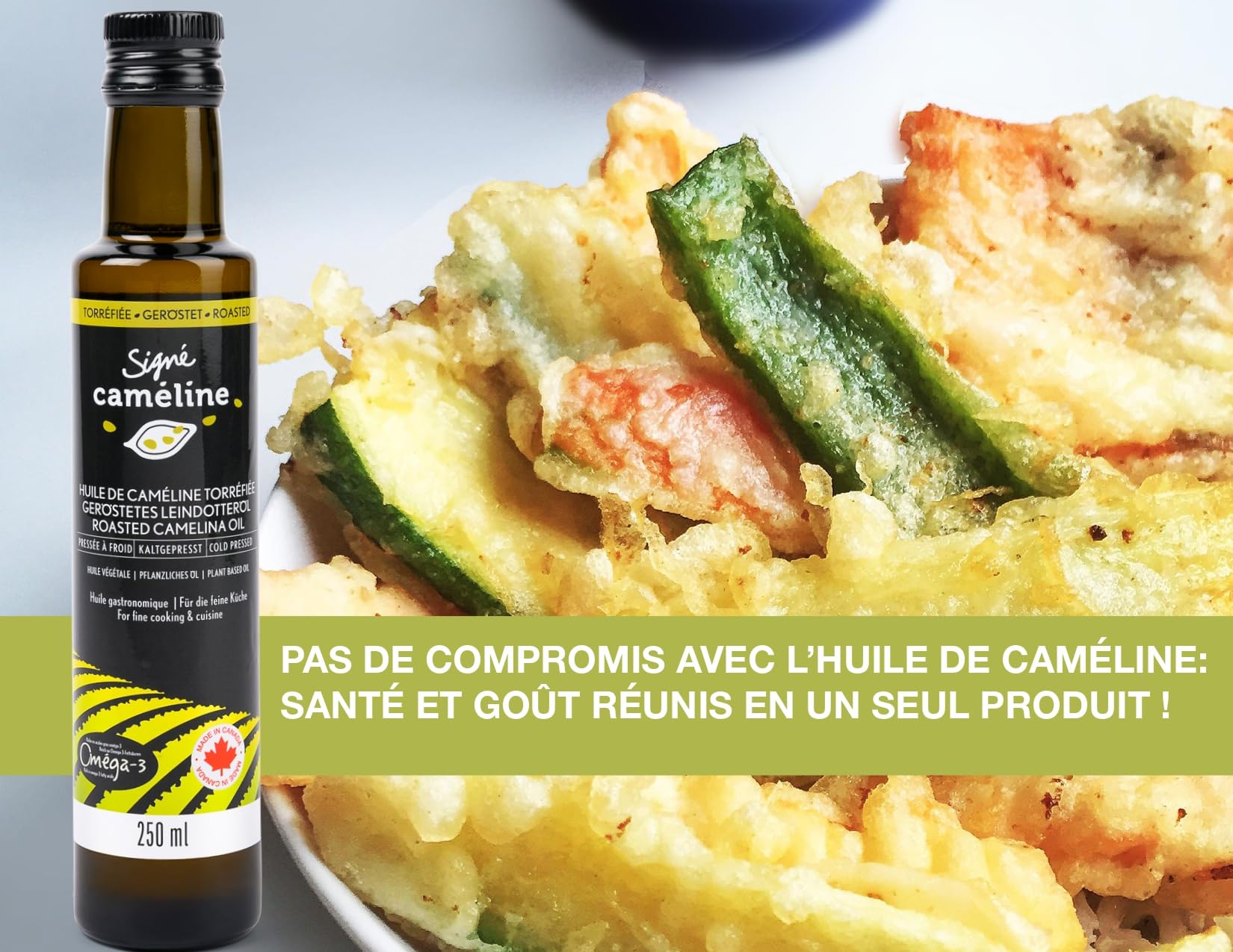 Signé Caméline, Huile de Cameline torréfiée pressée à froid, 250 ml. Notes d'huile de sésame et de noisettes grillées, cuisine asiatique, nouilles ramen, sushi, sautés. Produit du Canada.