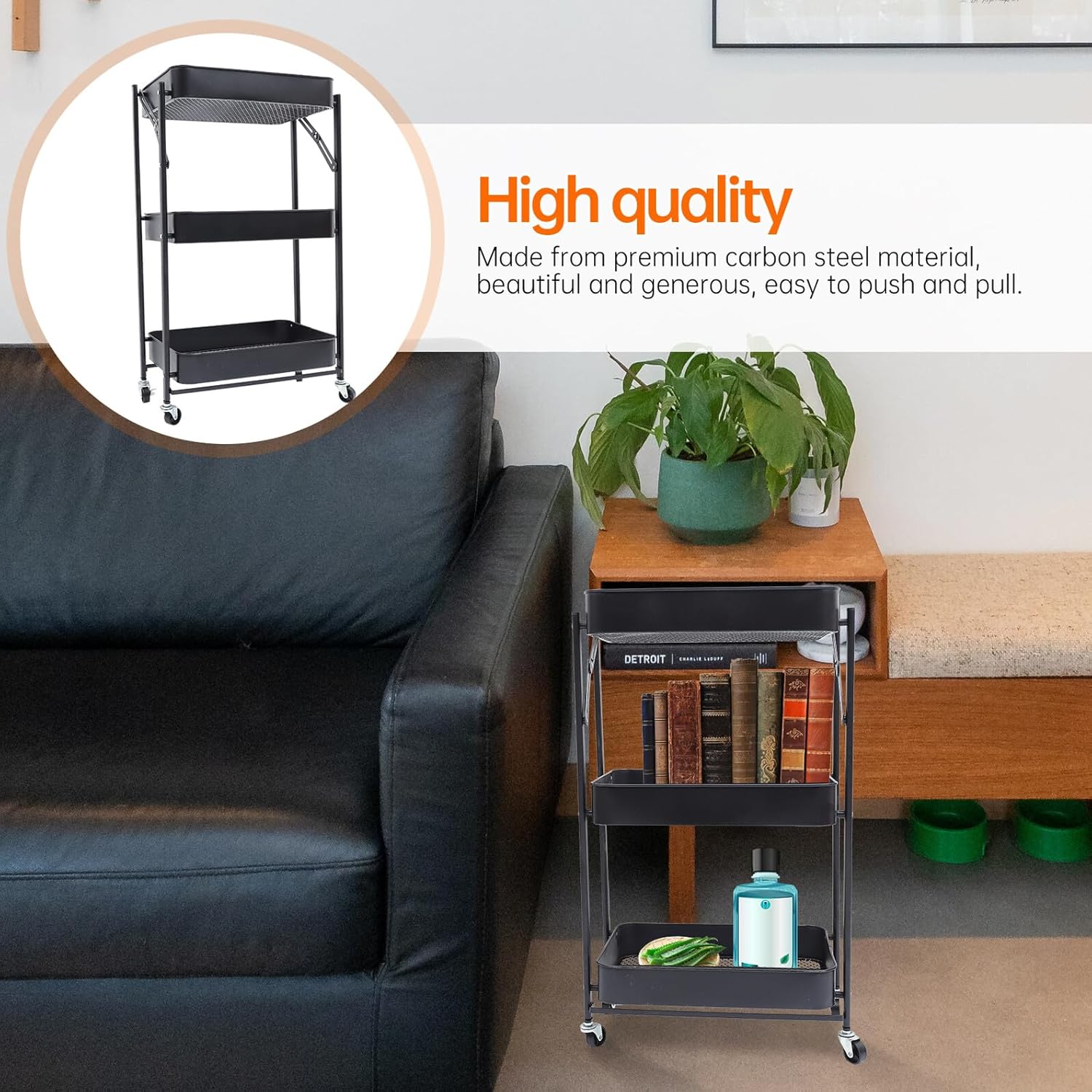 BESPORTBLE Multi-Layer Storage Trolley Rack with Wheels, Foldable Punch- Shelf Unit, Black Rolling Storage Cart for Home Kitchen Bathroom Organization