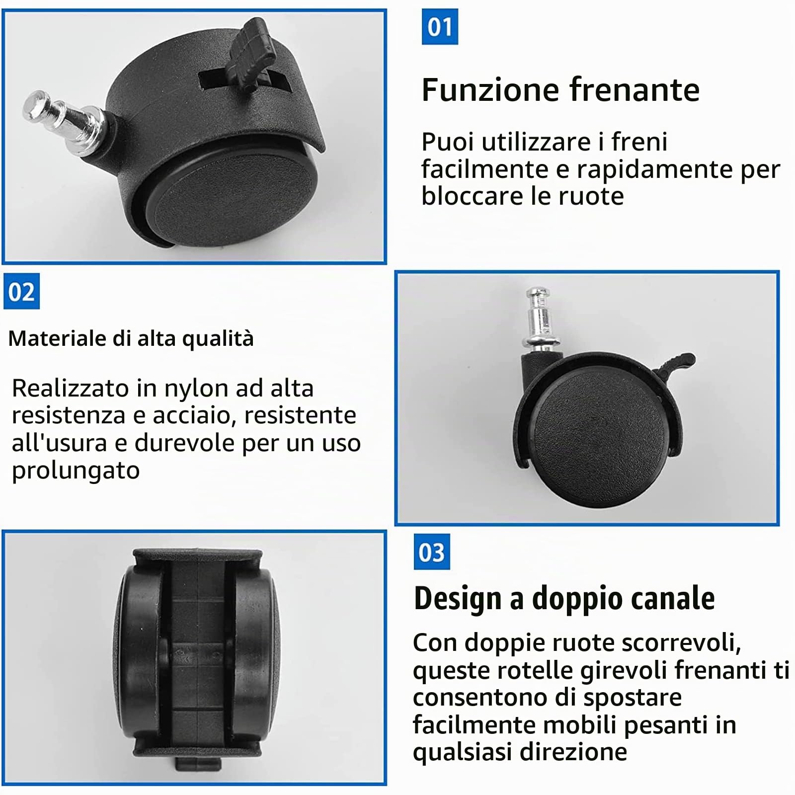 INCREWAY Set di 5 ruote in nylon con freno, ruota girevole di 50 mm Dia con funzione di blocco