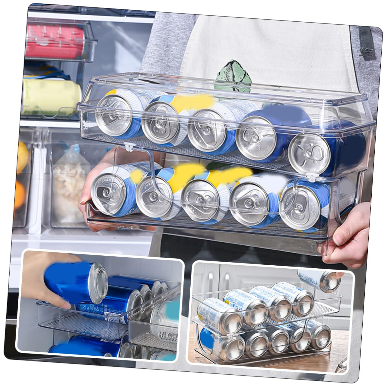 Estante para latas de bebidas para nevera, dispensador de latas de refrescos rodantes con tapa, soporte de almacenamiento de bebidas de cocina para nevera, ahorro de espacio, jarra de bebidas para