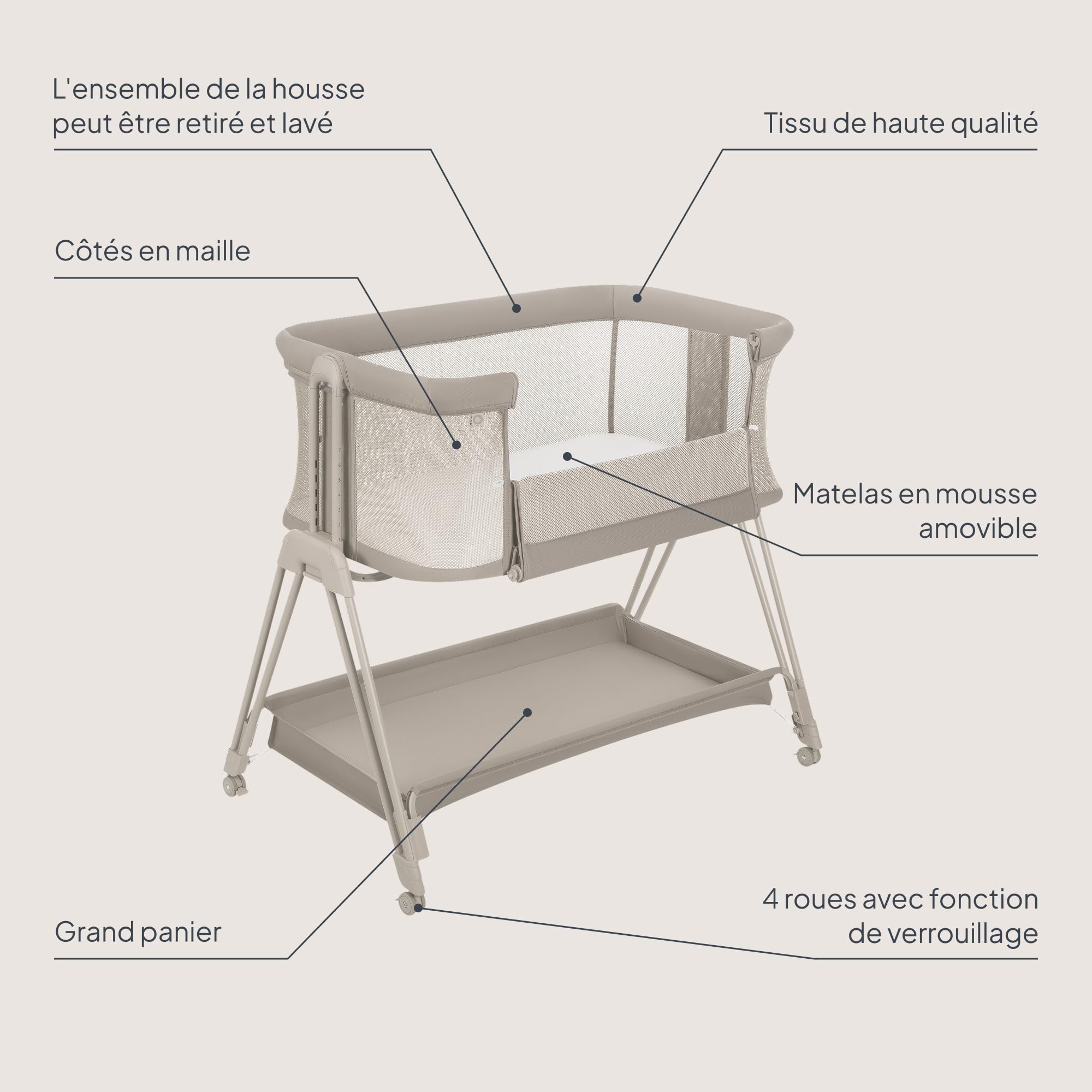 lionelo Luna, lit Bebe indépendant, cododo avec Matelas, co-Sleeping, du Nouveau-né à 9 kg. Hauteur et Inclinaison réglables, 4 Roues avec Blocage, Fixation au lit des Parents, aéré (Beige)