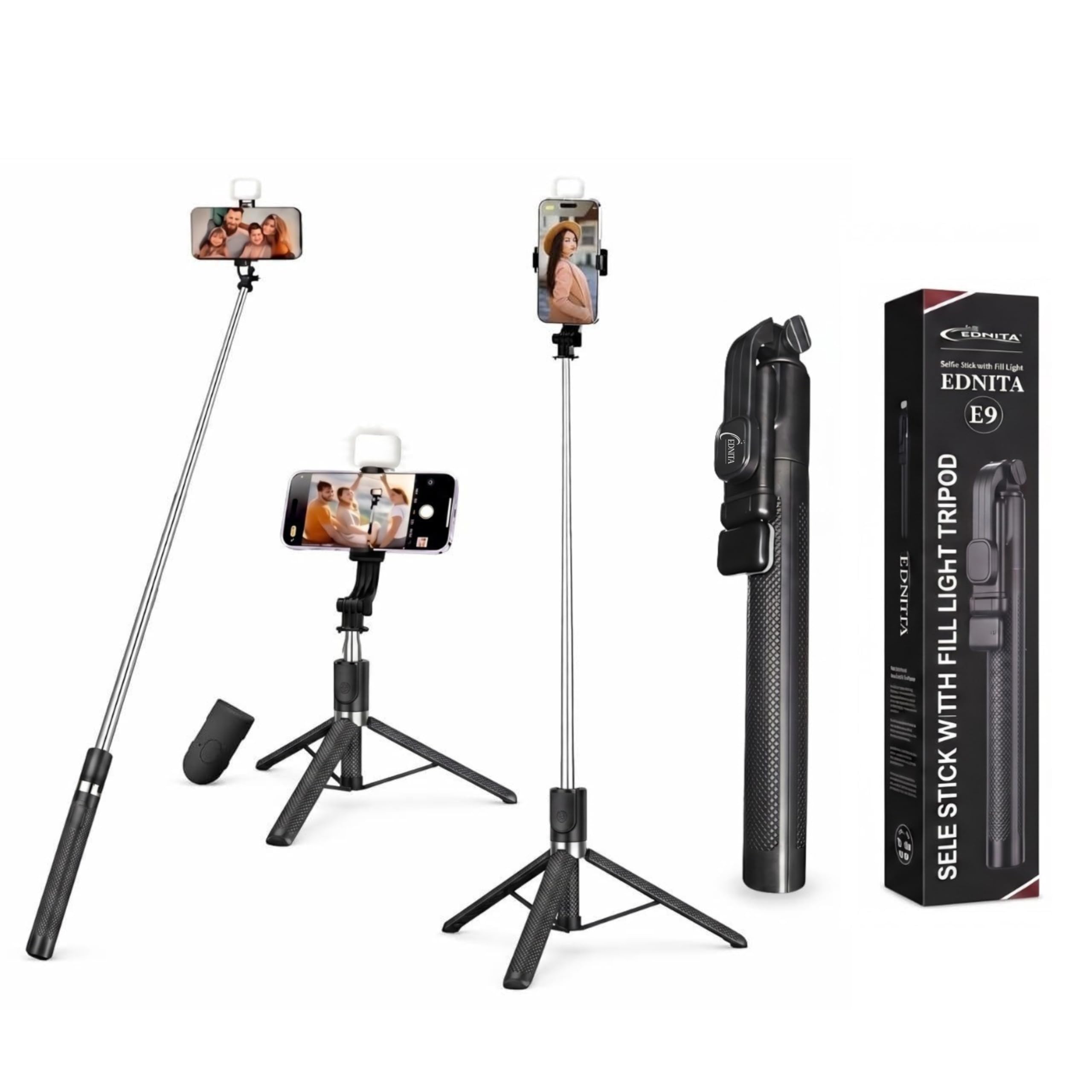 EDNITA E9+ Selfie Stick Tripod with Light, 67 inch/170CM Reinforced Tripod for Mobile Phone, Multi-Functional Bluetooth Long Selfie Stick for Travel,Vlogging,Compatible with iPhone & All Smartphones-image-44