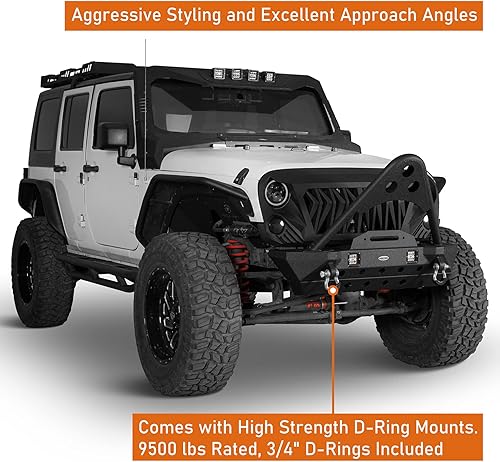 Miniatura 3 de Hooke Road Parachoques Wrangler JK Stinger, parachoques delantero agresivo rechoncho con luces LED y placa de cabrestante para Jeep Wrangler JK 24