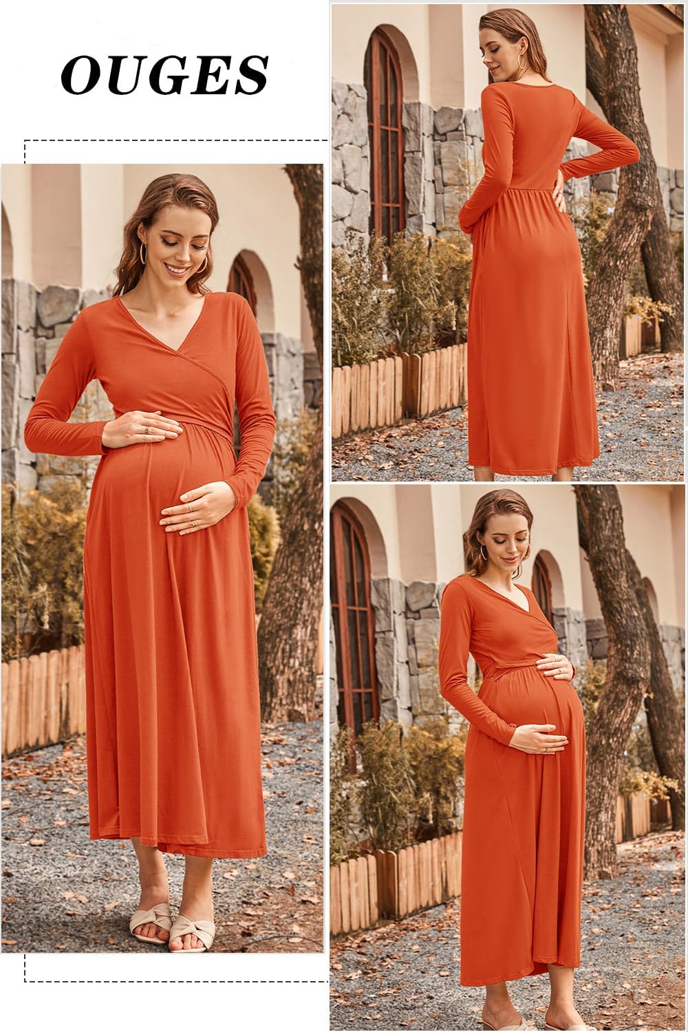 OUGES Women's 2024 Fashion Long Sleeve V Neck Maxi Dress with Pockets Maternity Clothes Nursing Dresses - Image 4