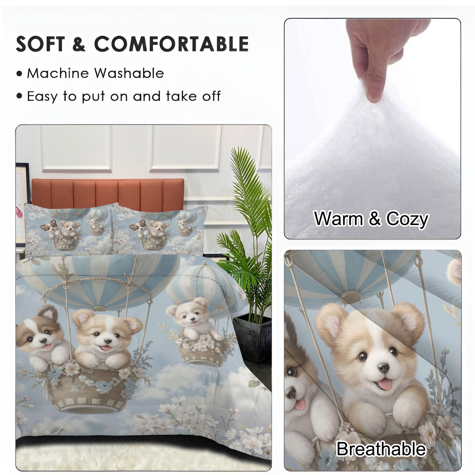 Trapunta Letto Singolo 4 Stagioni Piumone per Bambini, Mongolfiera Cane Leggero Fiori Carini Animali Set di Biancheria da Letto 140x200cm con 1 Federe,Piumino Lavabile In Lavatrice