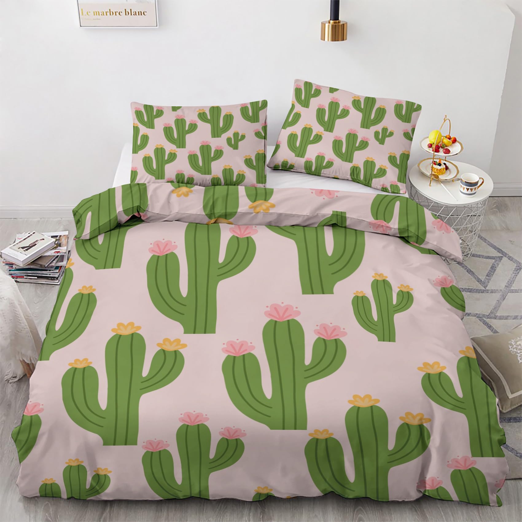 Parure de lit Cactus réversible rose pastel pour transformer votre chambre en oasis de fraîcheur