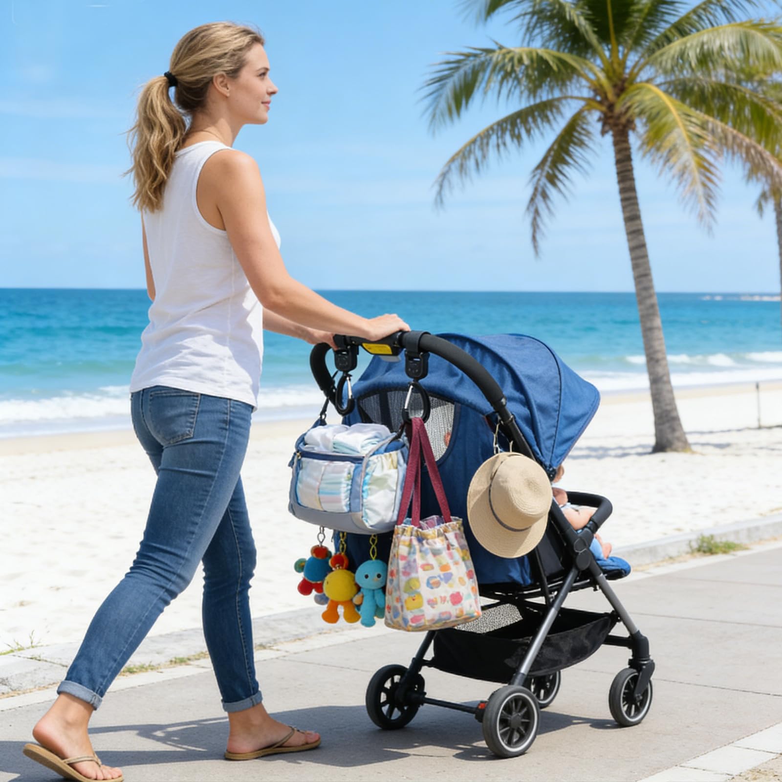 Set 2 Ganci Universali Per Passeggino In Nero Con Motivo Orsetto, Ganci Per Borsa Passeggino, Pratici Per Appendere Borse E Organizer, Accessorio Carino E Funzionale.