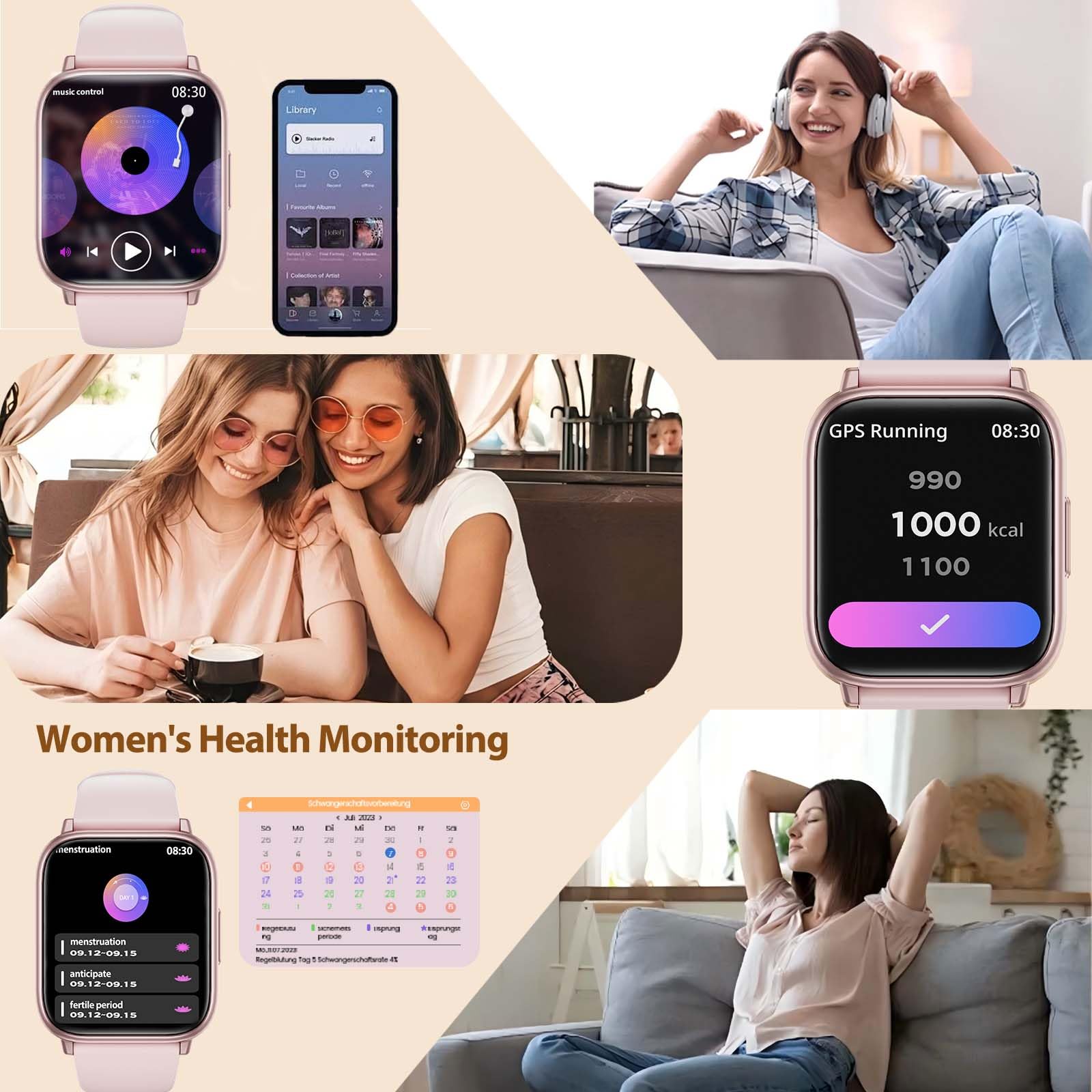 Smartwatch Donna, 1.83" Fitness Orologio con Effettua/Risposta Chiamate, con SpO2, 24H Cardiofrequenzimetro, Sonno, Ciclo Mestruale, Contapassi, 100+ Modalità Sportive, per iOS Android (pink gold)