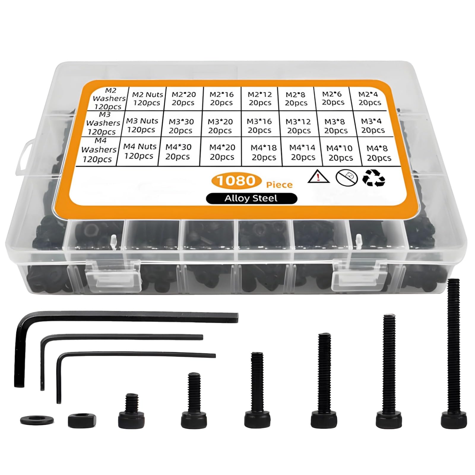 1080 Stk. Innensechskantschrauben aus Edelstahl, M3-Schraubenset mit Unterlegscheiben und Muttern, inkl. L-förmigem Inbusschlüssel, transparenter Aufbewahrungsbox, für DIY, Reparaturen und Elektronik