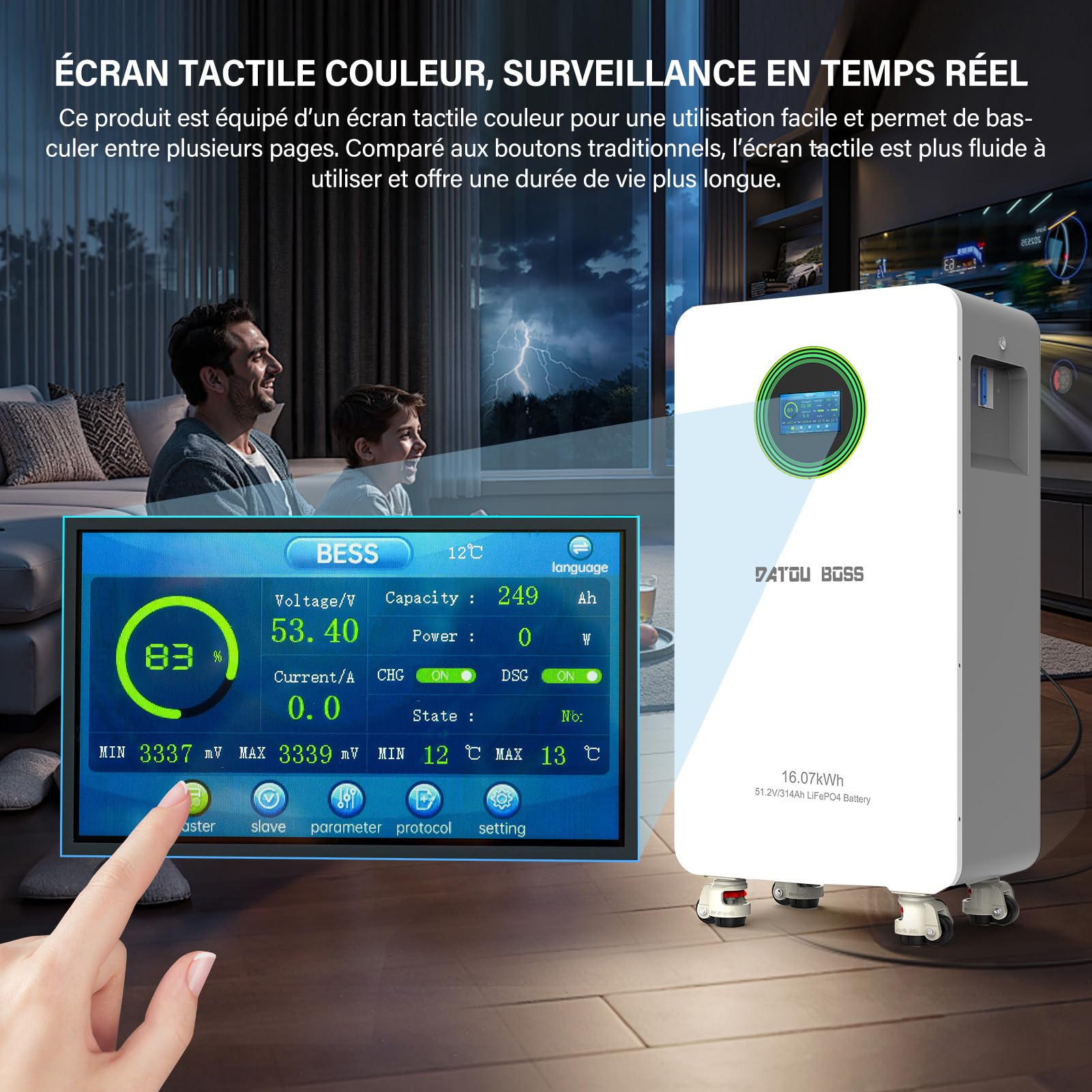 DATOUBOSS Batterie Lithium Fer Phosphate 48V 314Ah 16,07kWh, BMS 200A Intégré Écran LCD, Communication RS485/CAN, Stockage Énergie pour Maison, Système Solaire, Camping-Car et Applications Hors Réseau
