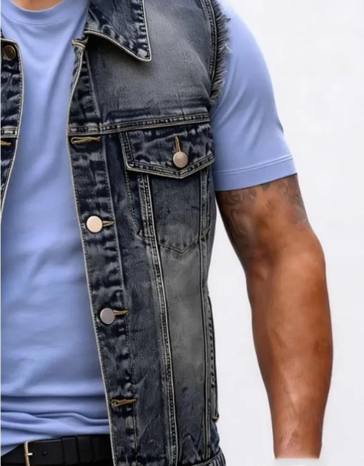 Men's Streetwear Frayed Denim Vest Vintage Washed Turn Down Collar Sleeveless