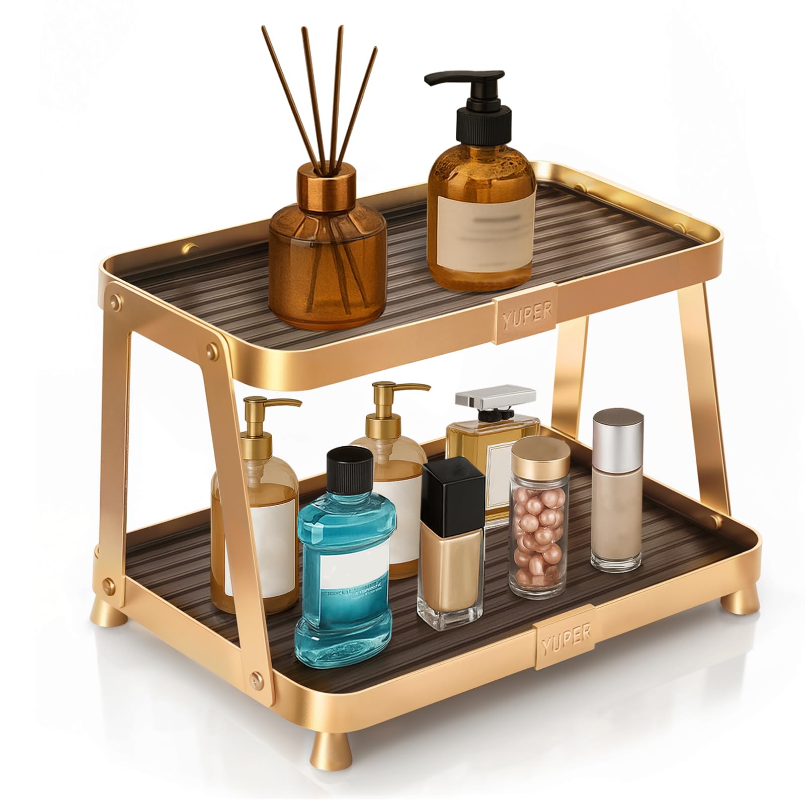 YUPER Bathroom Organizer Countertop 2-Tier Perfume Organizer Makeup Organizer Cosmetics Storage Display Rack Vanity Tray Dresser Shelf Rust