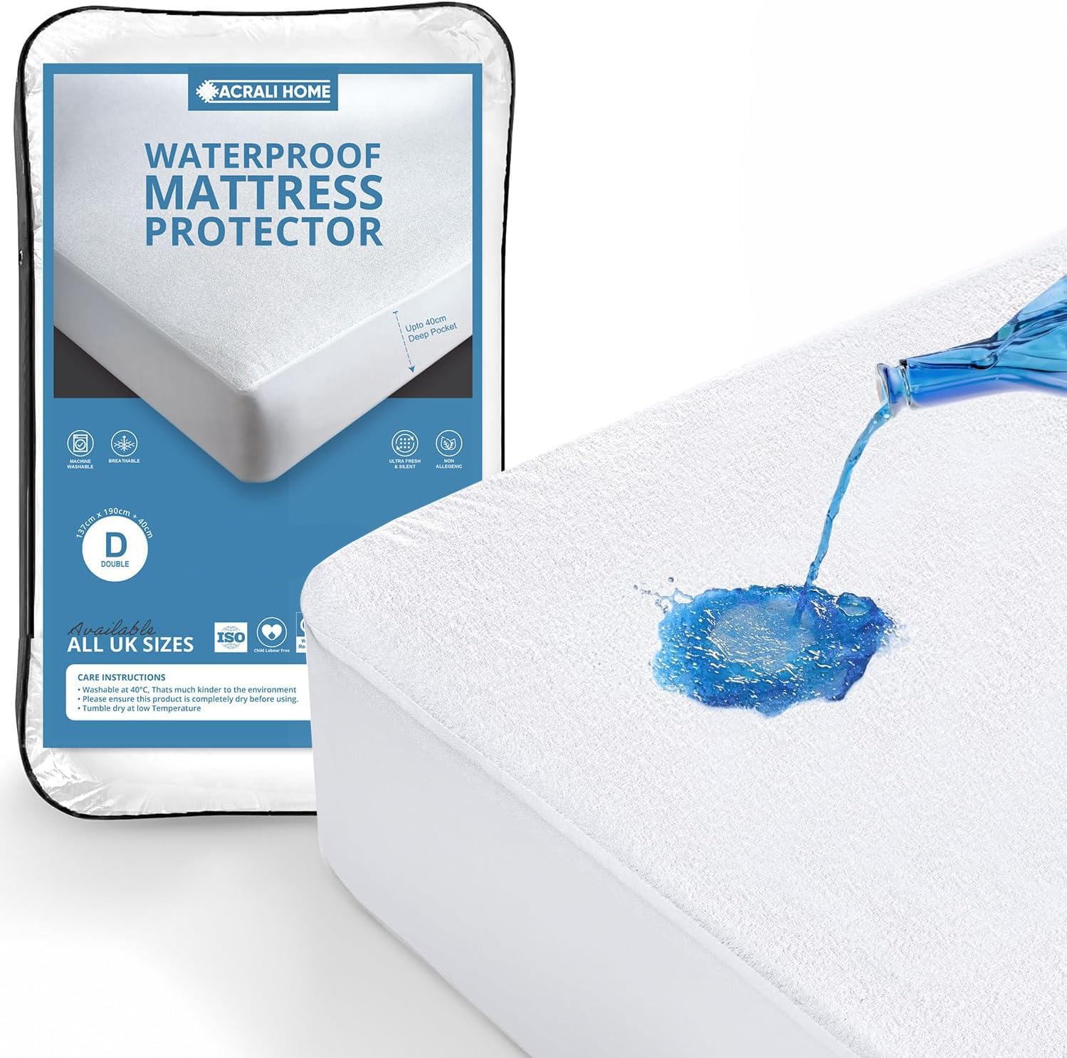 Acrali Home 100% Waterproof Mattress Protector Double Bed With Extra Deep 40 CM Skirt, Premium Terry Towel Cotton, Anti Allergy Double Mattress Protector - Washable & Nonslip Mattress Cover