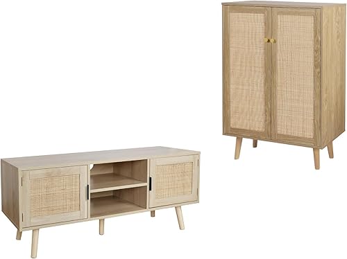 Anmytek Mueble de ratán, mesa de consola de ratán para TV de hasta 55 pulgadas