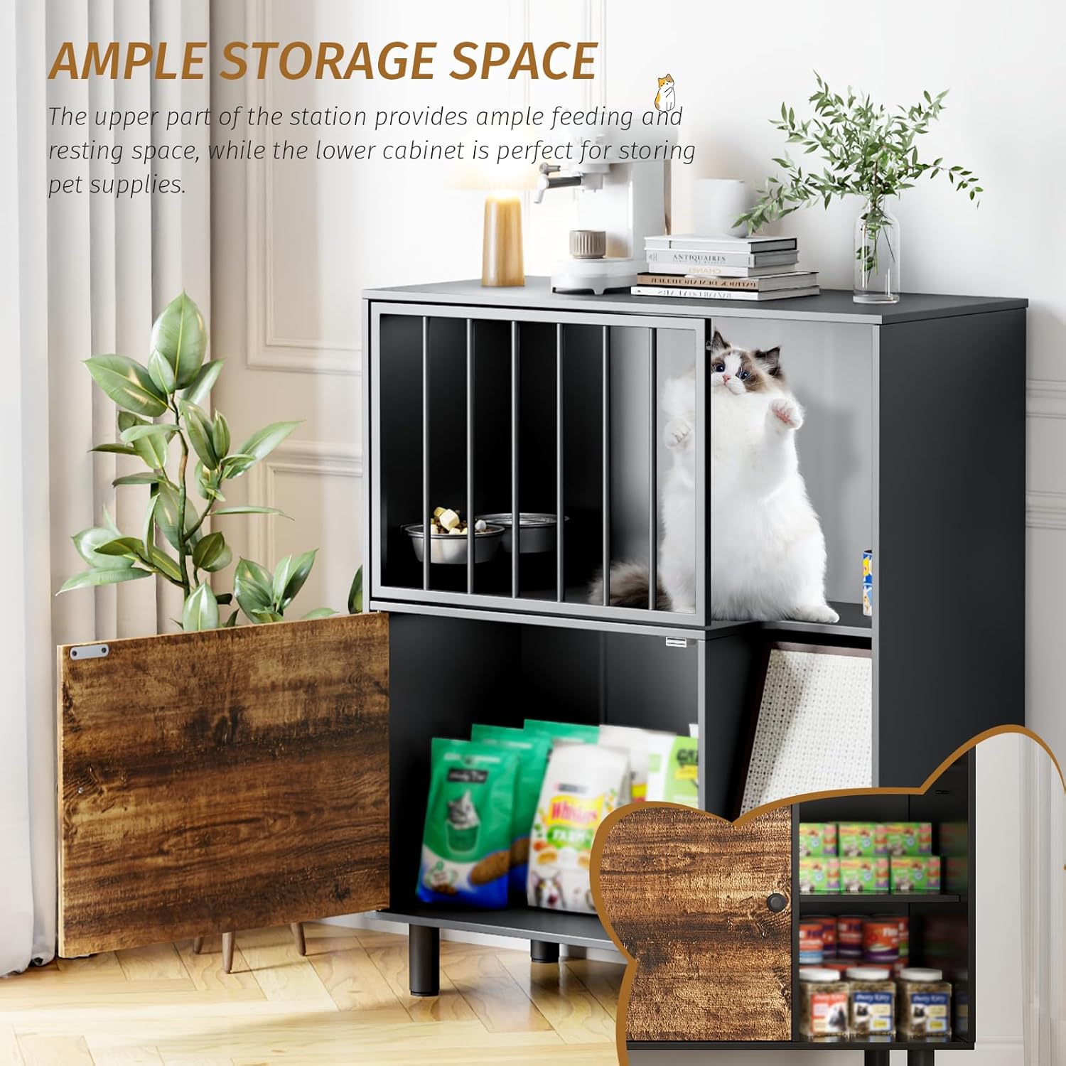 Cat Feeding Station, Dog Proof Cat Feeding Station with Scratching Board, Elevated Food Bowls with Stand, Pet Food Storage with 2 Stainless Steel Bowls, Large Pet House