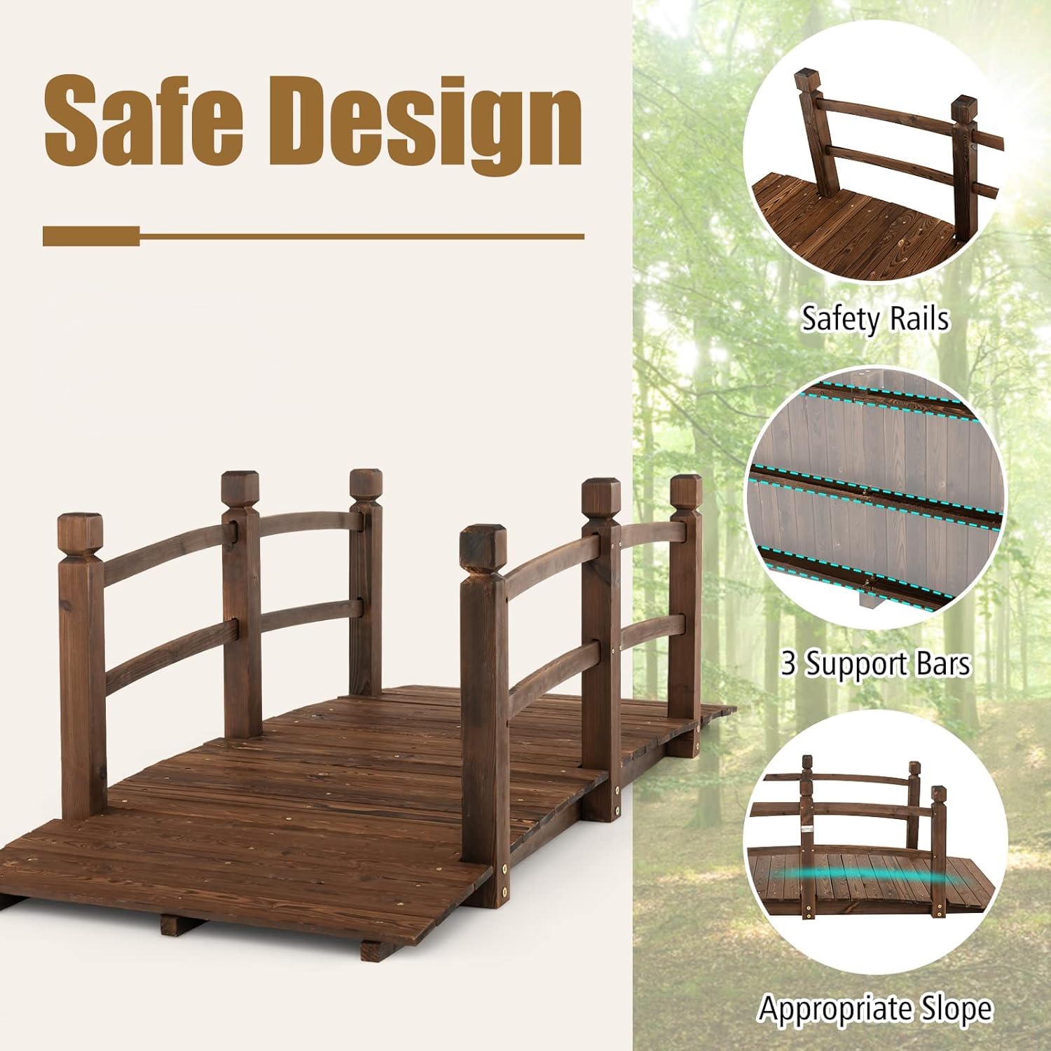 RELAX4LIFE Puente de jardín de Madera de Abeto, Puente de Estanque con barandilla, Puente de Madera, Puente Decorativo para jardín, Estanque, terraza, Patio, marrón Oscuro, 171,5x75,5x58cm