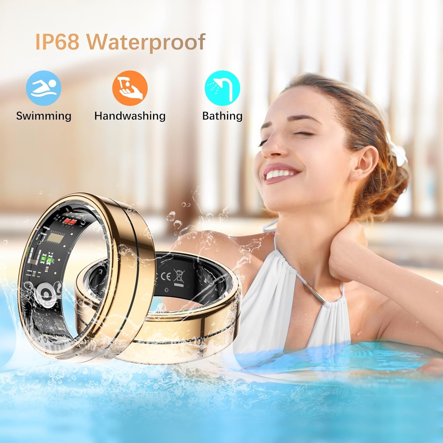 Fit Ring, Smart Health Rings for Women Men with Heart Rate,Blood Oxygen,HRV,Stress Level, Sleep Monitor, Step Tracker, No Subscription Fee, IP68 Waterproof Smart Ring for iphone &Android (Gold, 7#)