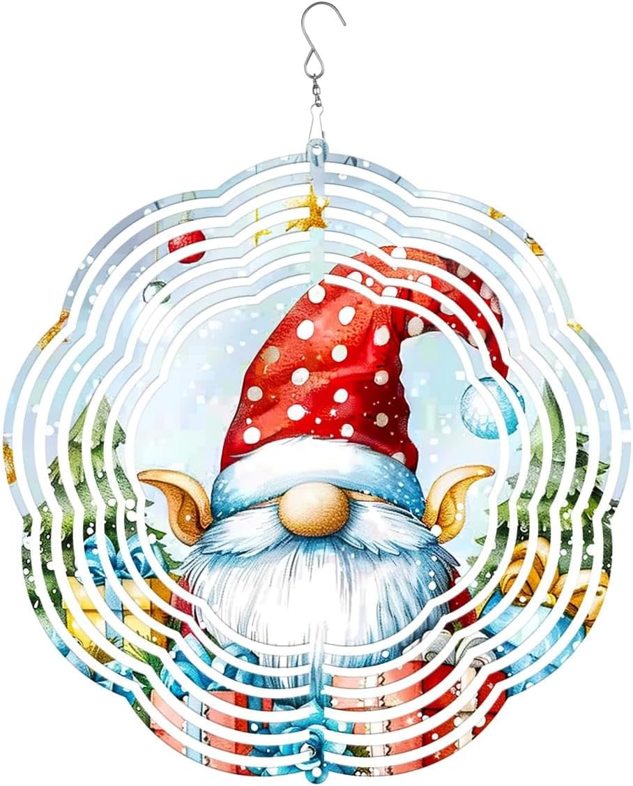 Gnome Gifts Pine Tree Christmas Wind Spinners 3D Stainless Steel Laser Cut Metal Double Sided Printing-Hanging Indoor/Outdoor Decorations Yard Gardening Decor,Metal Kinetic Art 16x16 inches