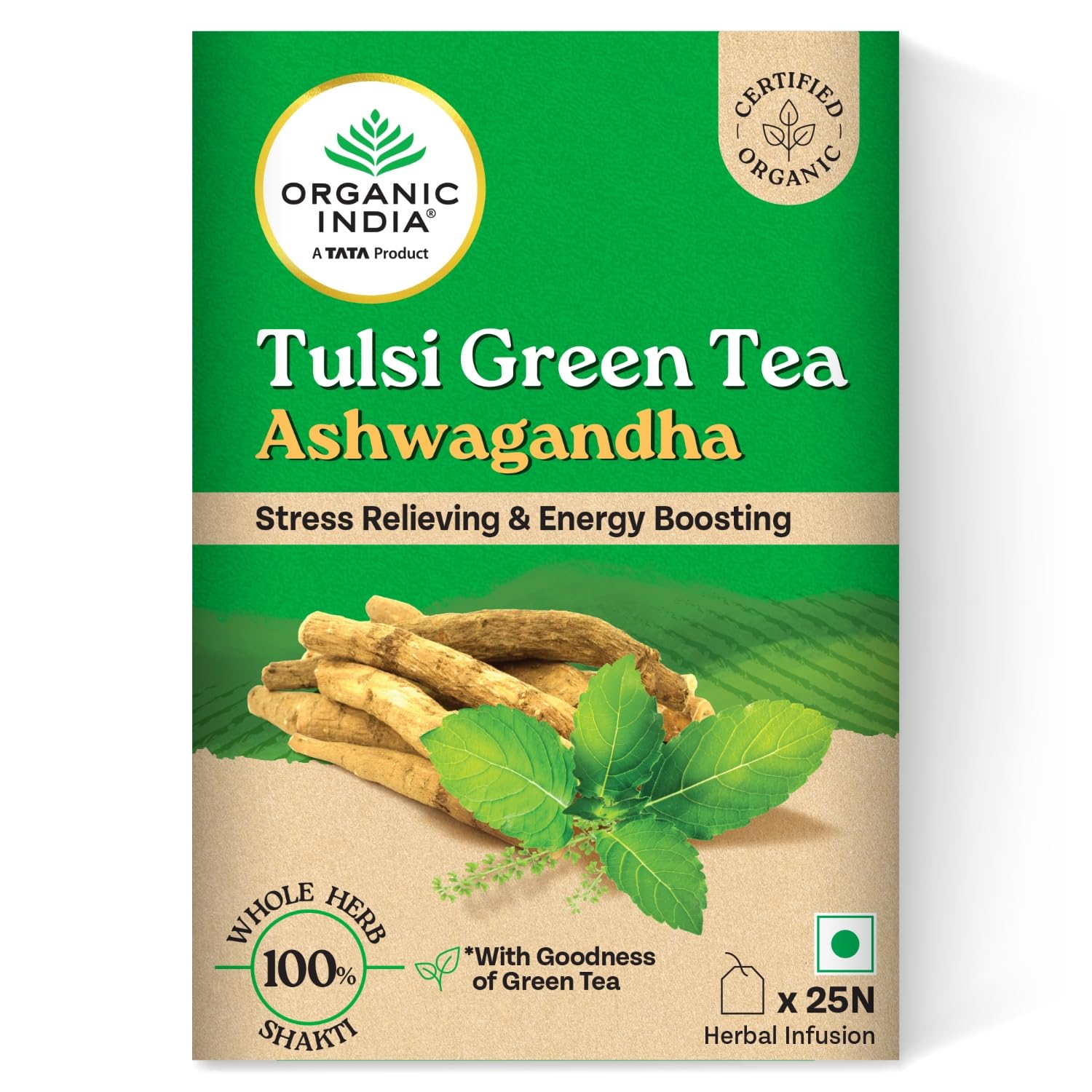 3 X Organic India Tulsi Green Tea Ashwagandha 25 Tea Bags - from India