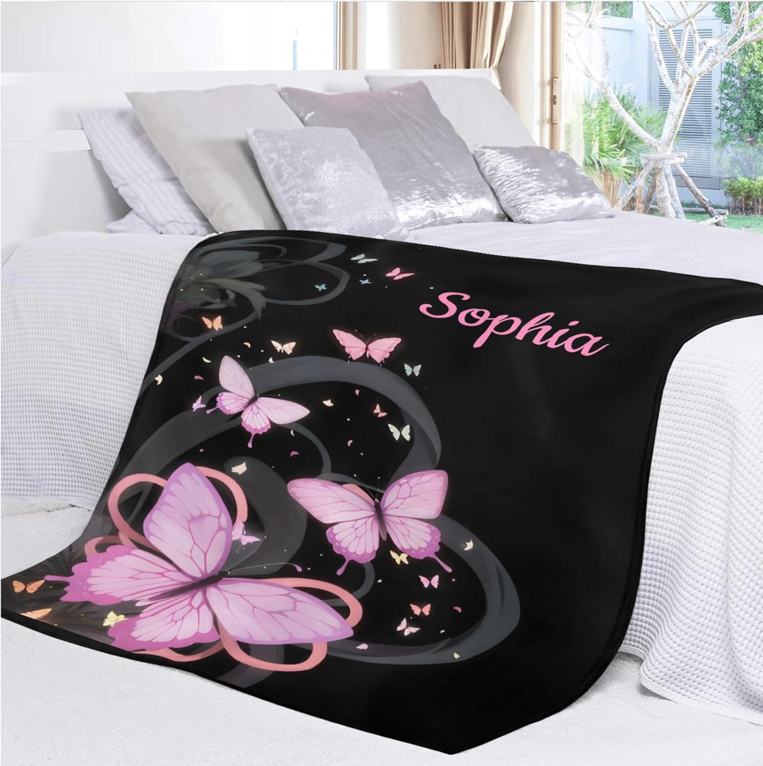 Pink Butterflies Personalized Name Soft Fleece Bed Blankets Throws as Birthday Wedding Gifts for Sofa Couch 50'' x 60''