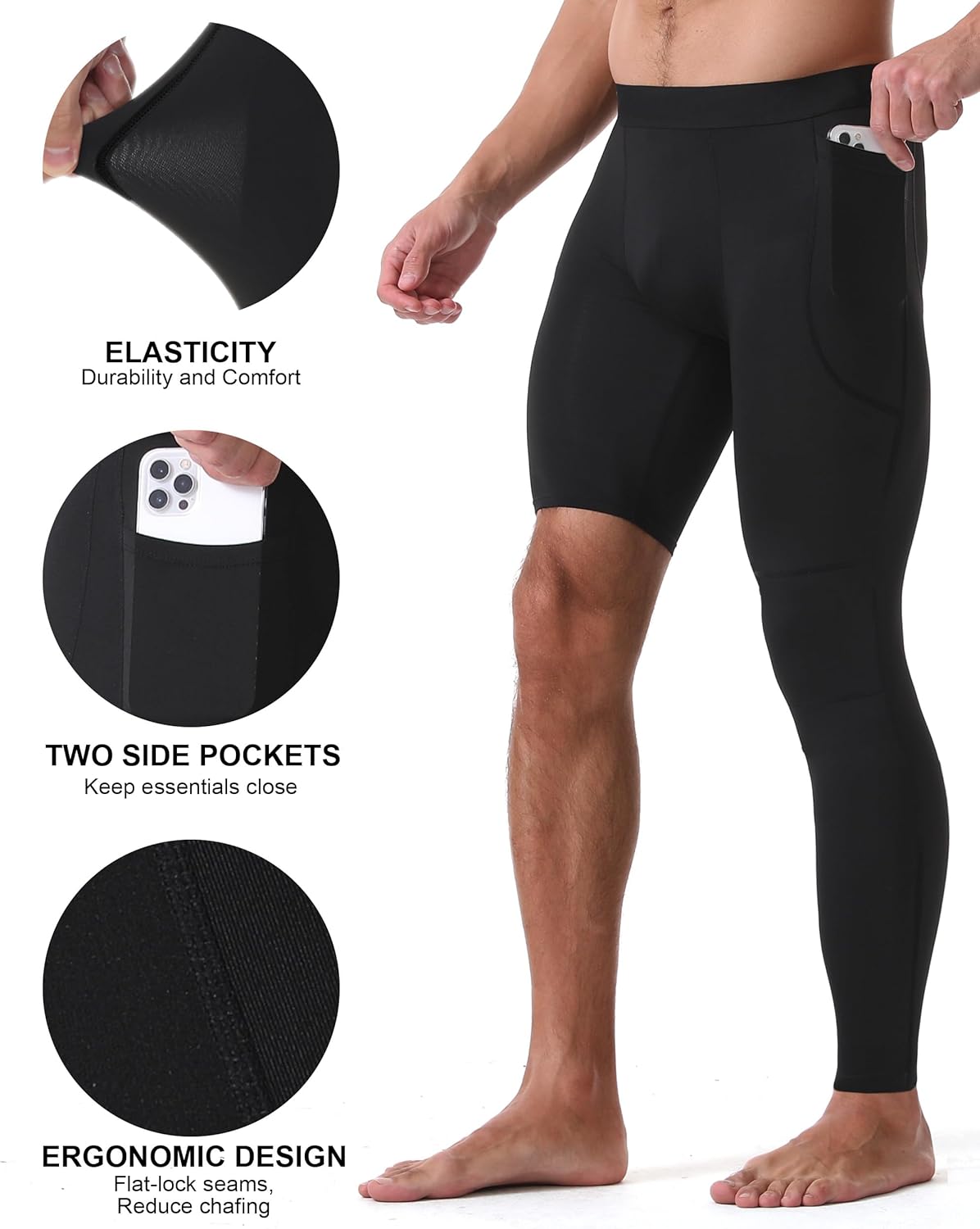 Roadbox Men's Basketball One Leg Tights, 1/2 Single Leg Compression Pants Sports Base Layer Leggings Underwear with Pockets - Image 4