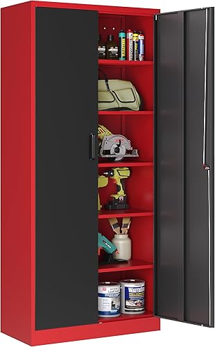 Miniatura 11 de Armario de almacenamiento de metal, armario de almacenamiento de garaje con puertas de bloqueo y estantes ajustables para garaje, hogar, oficina y