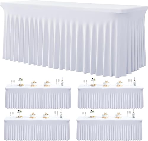 Paquete de 4 manteles de elastano blanco para mesas rectangulares de 6 pies, manteles elásticos sin arrugas de 6 pies, falda de escritorio ajustable