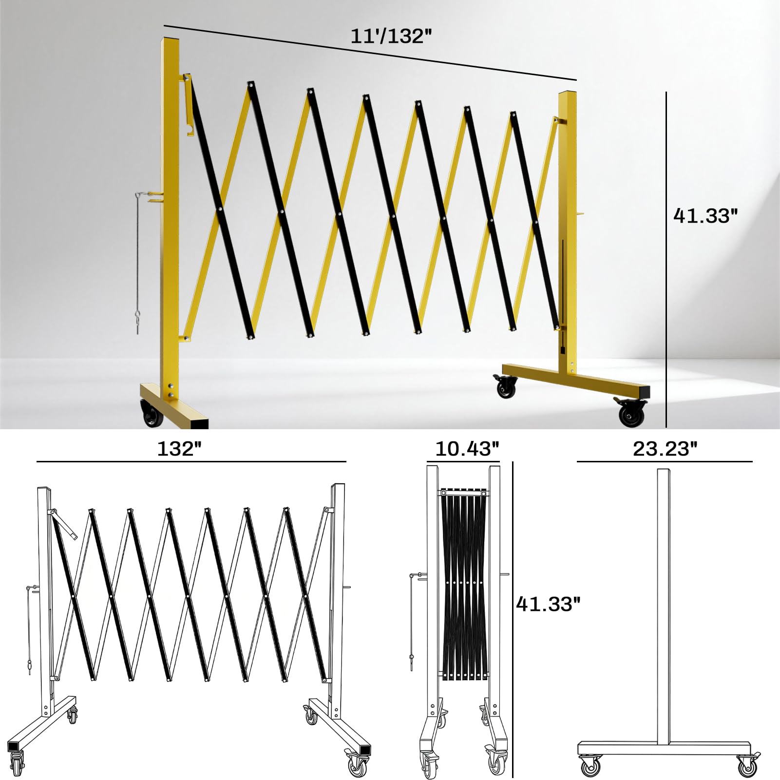 Verkehrssperre mit Rollen, Verstellbare Metall-Sperre, Klappbares Sicherheitsgitter, Teleskopisches Zaun für Baubereiche und Verkehrskontrolle (3,35 m)