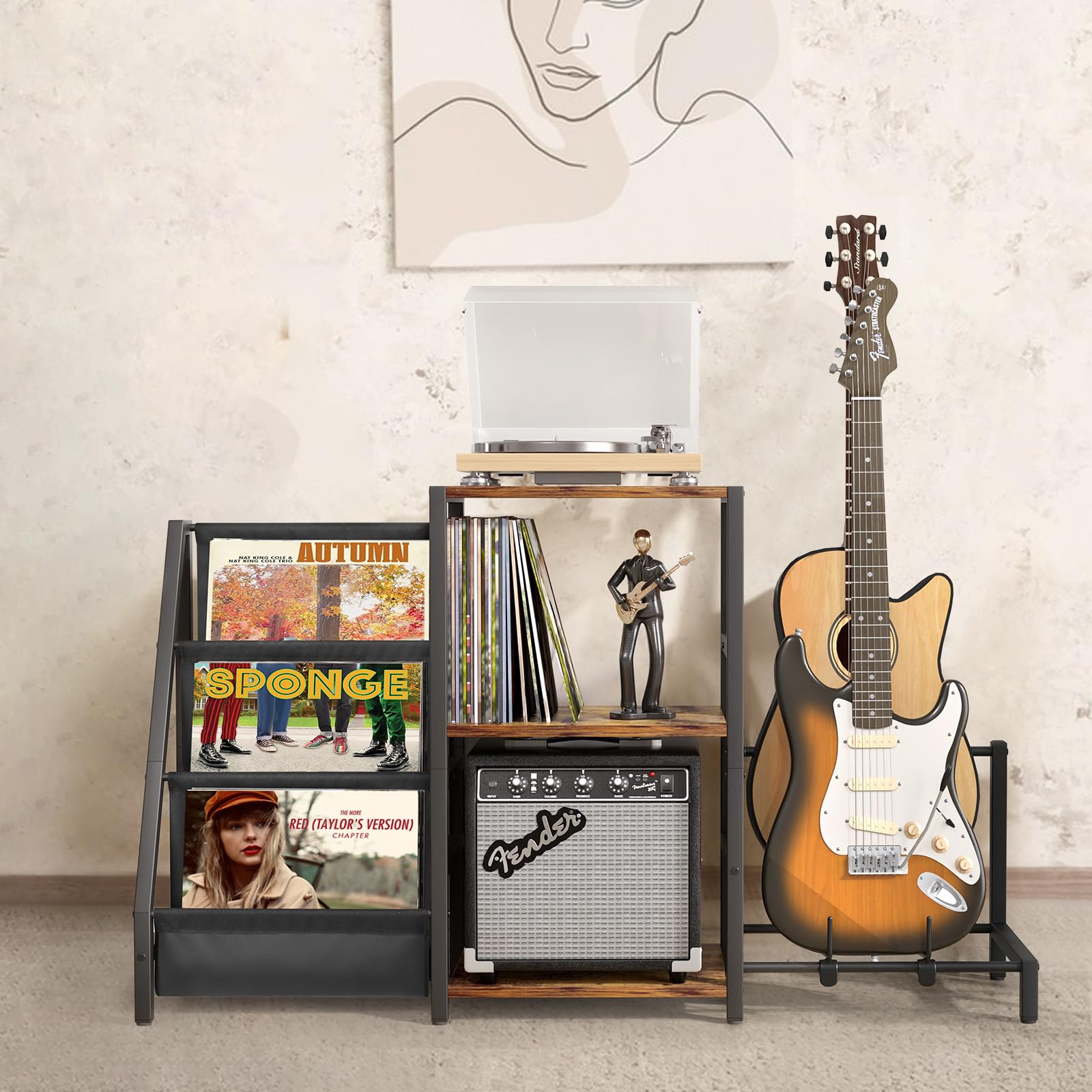Bikoney Plattenspielerständer mit Gitarrenhalter, Gitarrenständer für Akustik, E-Gitarre, Bass, Gitarrenständer Mehrere Gitarren, Vinyl-Schallplattenständer, Gitarrenständer Boden für Studio