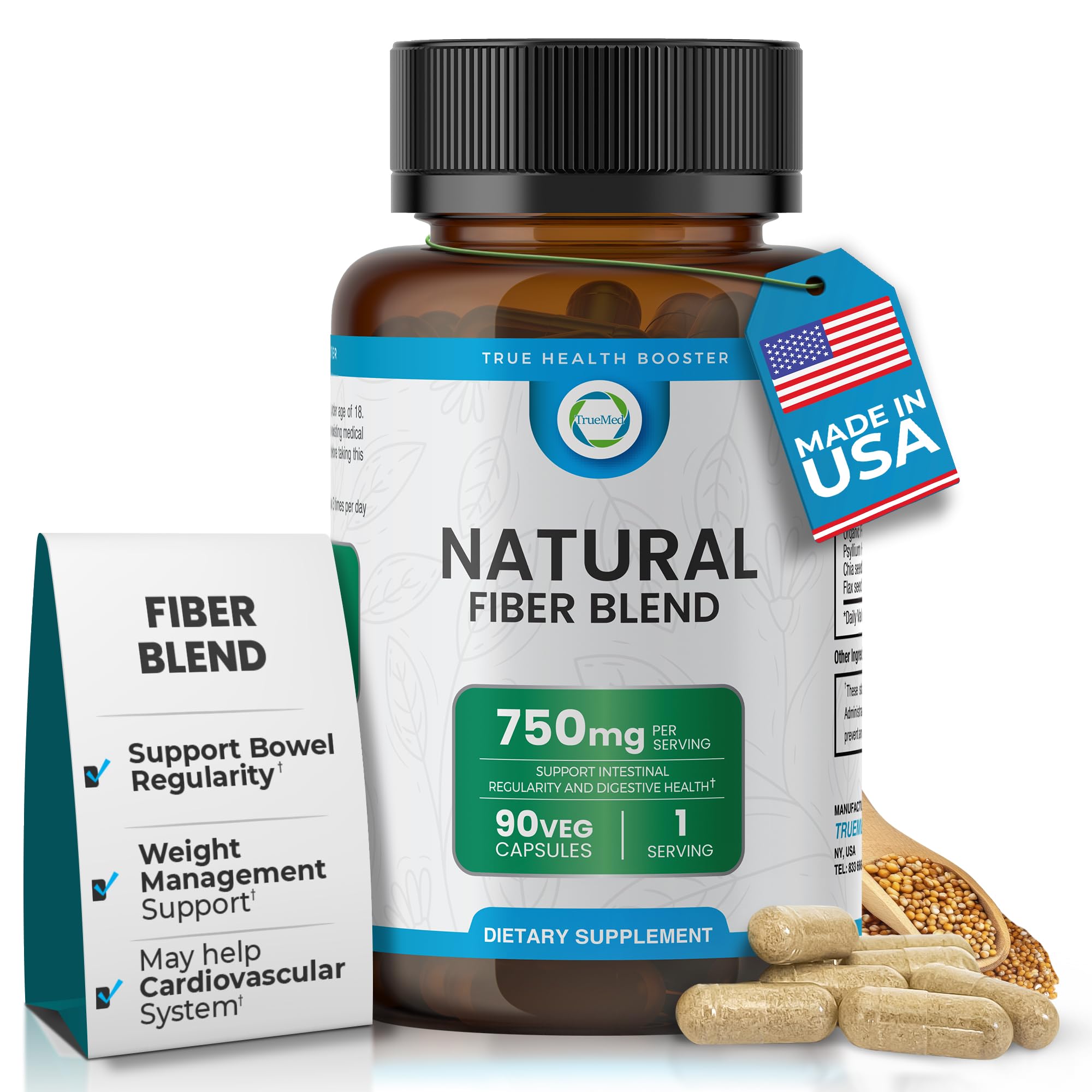 Organic Fiber Supplement 750mg, Supports Digestive Health, 90Veg Capsules