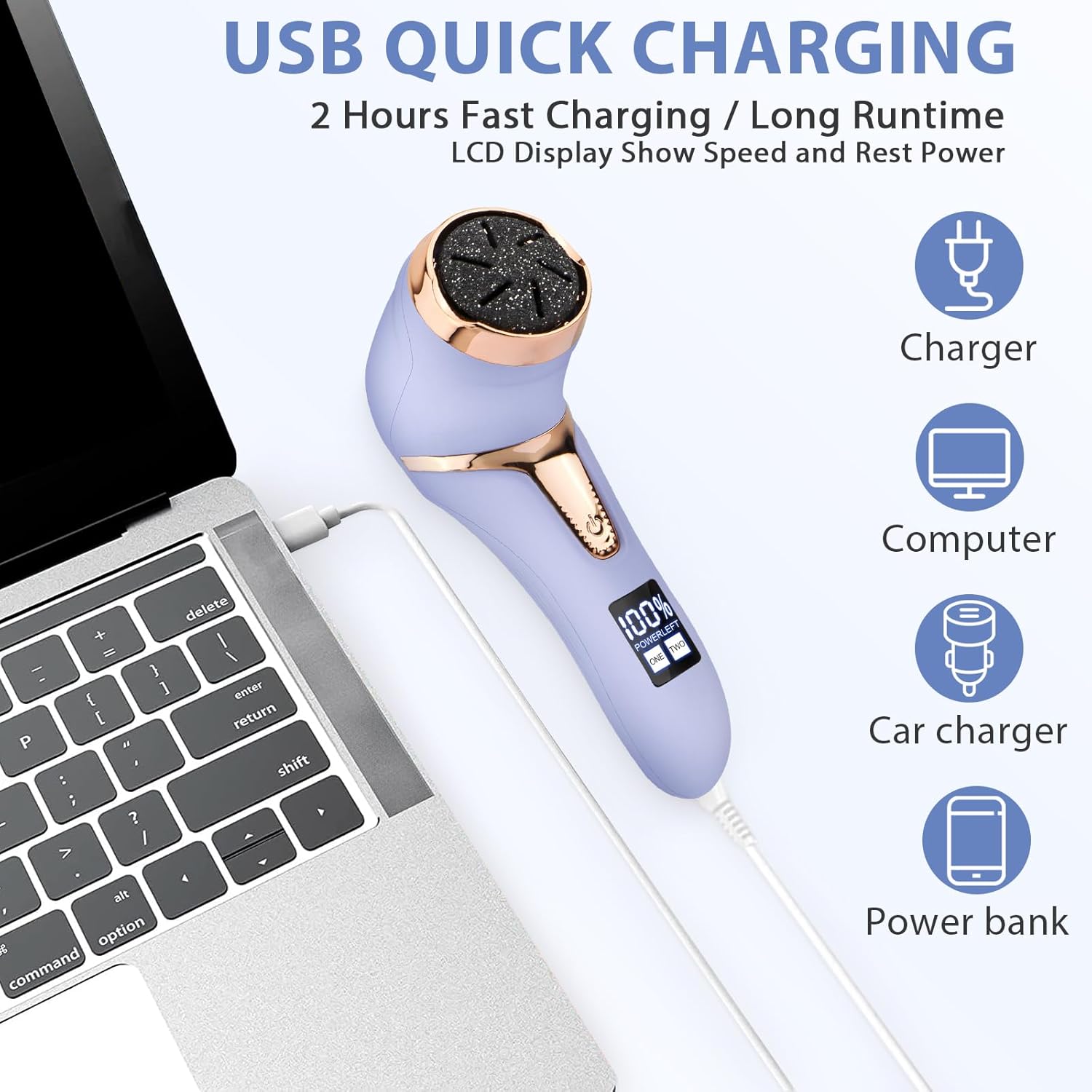 Callus Remover for Feet (with Dander Vacuum), Portable Pedicure Kit Foot File Callus Remover, Rechargeable Waterproof Foot File for Foot Care Deadskin Remover with 3Head&LCD Display, Purple - Image 5