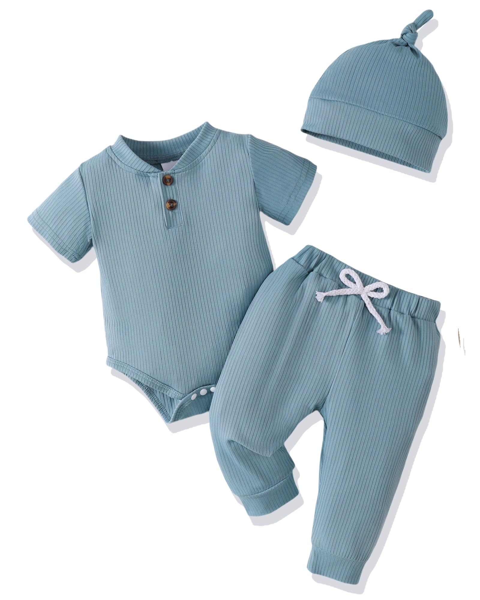 NZRVAWS Newborn Baby Boy Clothes 3-6 Months Ribbed Knitted Romper Cotton Long Pants Infant Outfits Hat Solid Clothing Set Blue