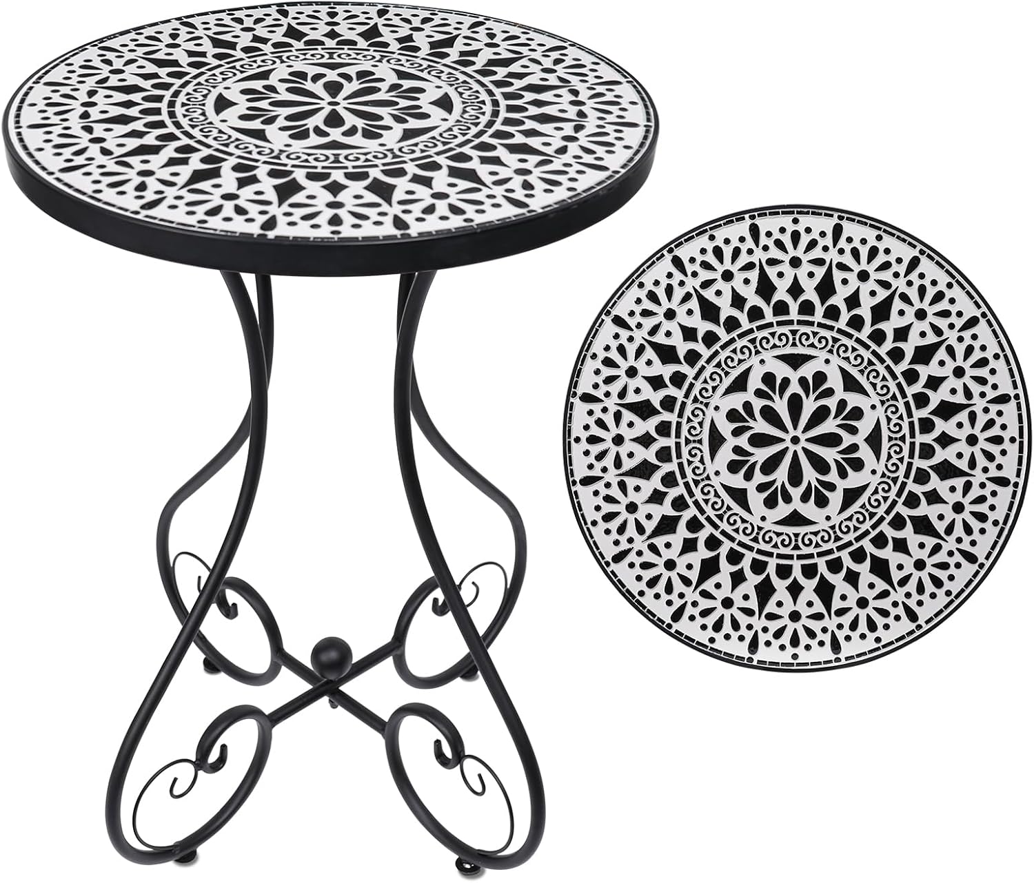 VCUTEKA Outdoor Side Table Mosaic Patio Table Accent Tables Mosaic Tile Top Metal Frame Small End Tables Porch Beach Patio Garden Balcony Black 14 inch