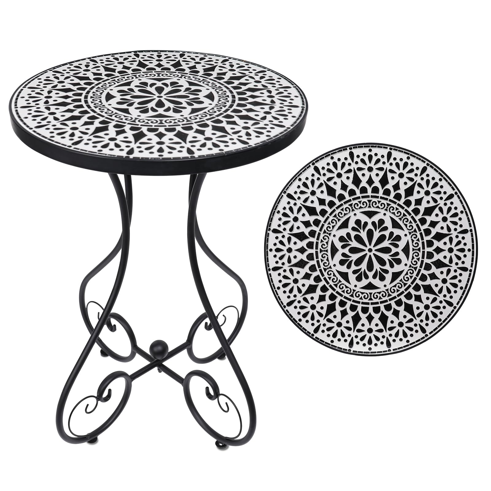 VCUTEKA Outdoor Side Table Mosaic Patio Table Accent Tables Mosaic Tile Top Metal Frame Small End Tables Porch Beach Patio Garden Balcony Black 14