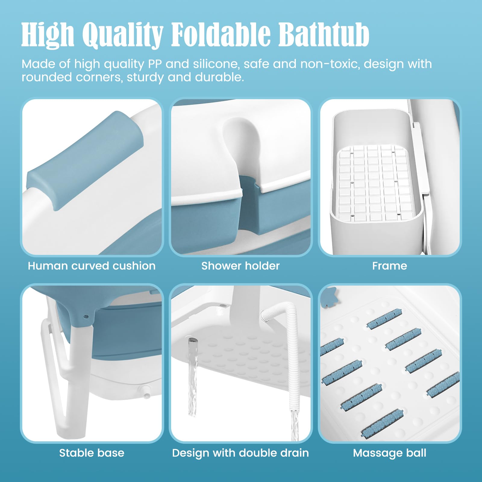 Bañera Plegable para Adultos, Bañeras Plegables Móvil con Rodillos de Masaje y Cubierta Extraíble, Bathtub Plegable Portátil para Baños Pequeños, Cesta de Jabón, Termómetro, Balcón, Azul, 118x62x52cm