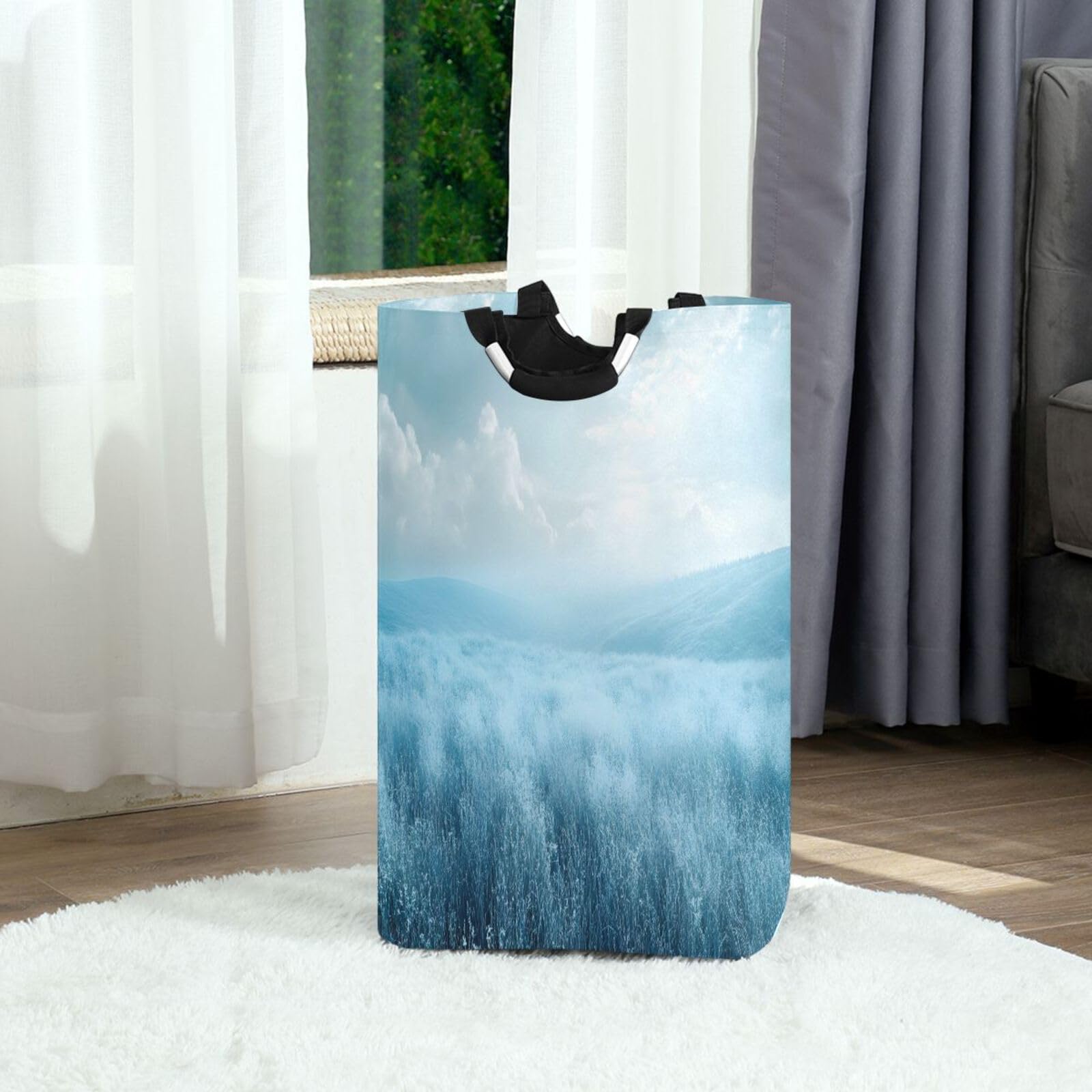 Jihqo Laundry Hamper Basket Meadow Blue Collapsible Nursery Storage Bin Waterproof Clothing Baskets for Home Bedroom Bathroom Washing Room