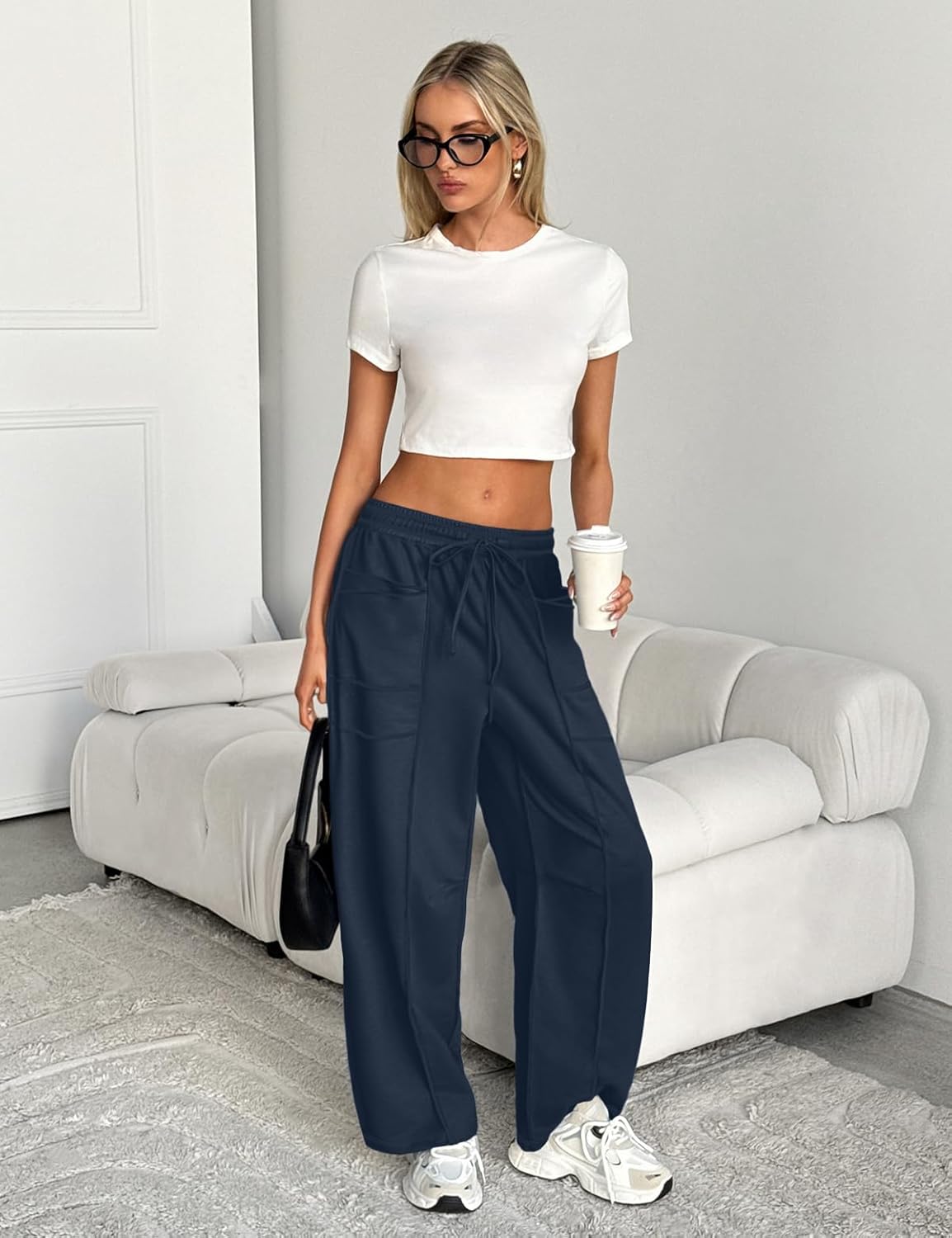 UNIANKIYA Womens Barrel Sweatpants Wide Leg Palazzo Pants Baggy Drawstring Summer Lounge Pants with Pockets Casual Trousers
