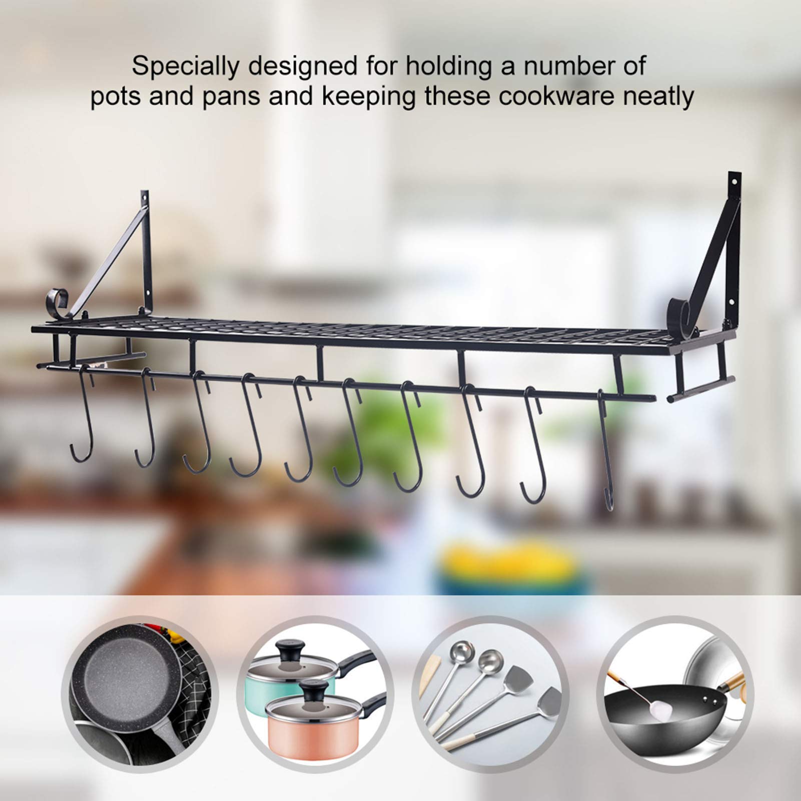 Topfregal Zum Aufhängen an Der Wand, Metall-Kochgeschirr-Organizer Mit 10 Haken, Robustes Geschirrregal, Küchenregal Für Utensilien(90cm)