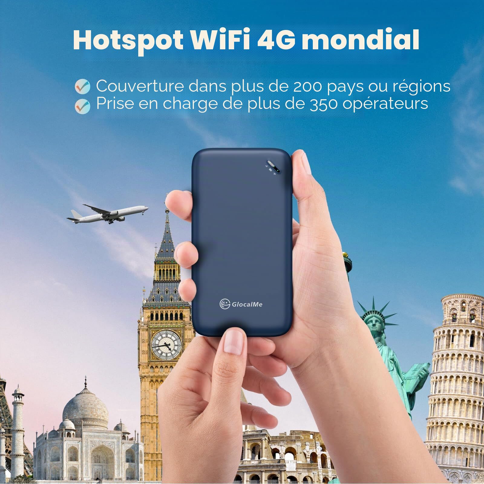 GlocalMe U20 UPP 4G Routeur Wi-FI Mobile, Disponible dans Plus de 140 Pays, Aucune Carte SIM requise, MIFI avec 1 Go de données globales et 8 Go EU données, Point d'accès International (Blanc)