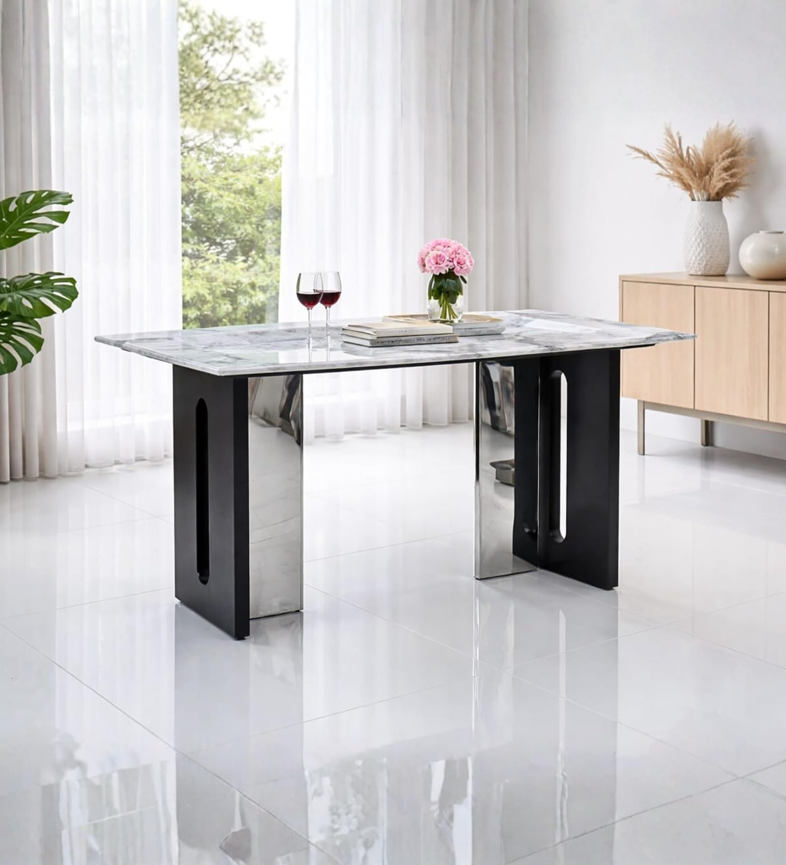 Royaloak Seattle American 5D Natural Stone Dining Table Four Seater | Luxurious 5D Printed Natural Stone Top with Sculptural Chrome Legs | Stain-Proof Dining Table for Home & Dining Room-image-48