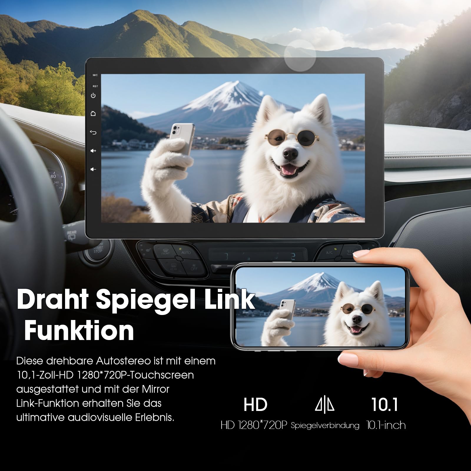 Haudio 1 Din Autoradio, 10.1 Zoll Drehbar Bildschirm, Auto Stereo mit Wireless Apple CarPlay & Android Auto, Car Play Touch Screen mit 720P Rückfahrkamera,Mirror Link, Sprachsteuerung, RDS/FM/AM Radio