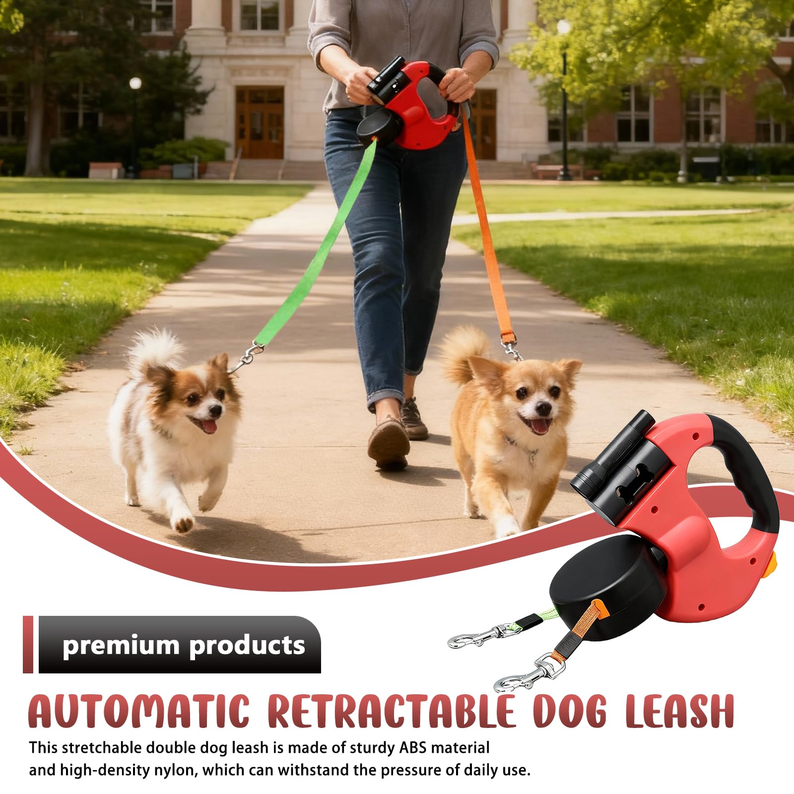BAIFULAI Guinzaglio retrattile per 2 cani, 3 m, doppio guinzaglio per 2 cani con luce, impugnatura antiscivolo, allungabile, guinzaglio per cani di piccola e media taglia (rosso)