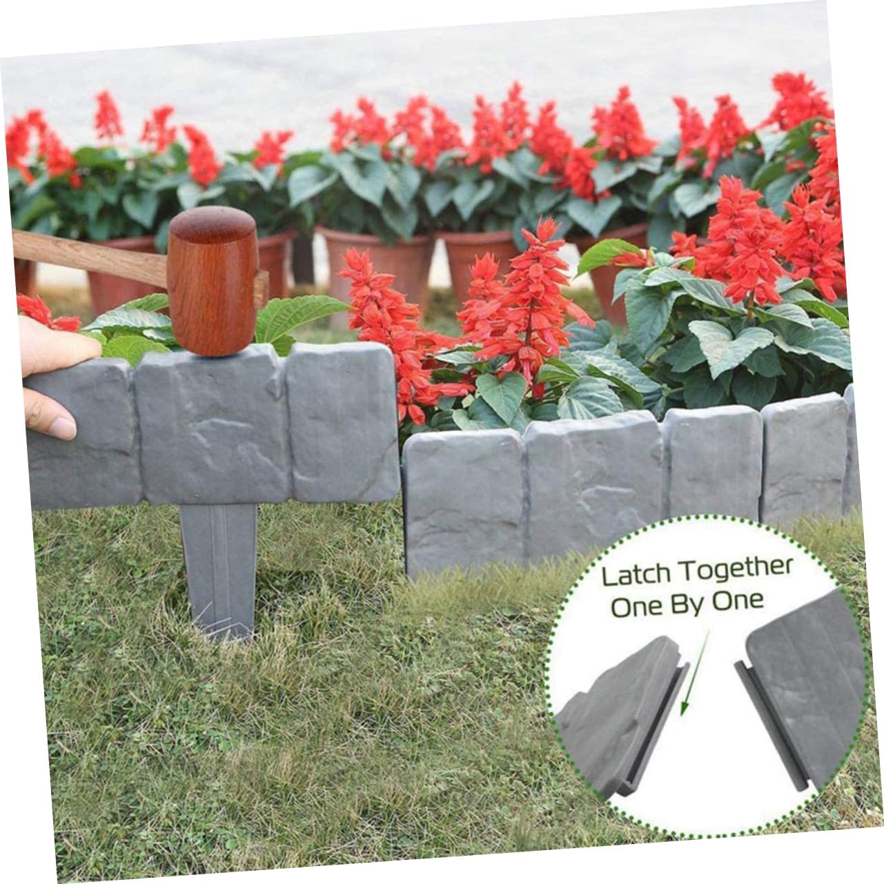 Mikikit 30pcs Pp Material Fencing Slats Garden Edging Stone Look Lawn Border Interlocking Panel Fence