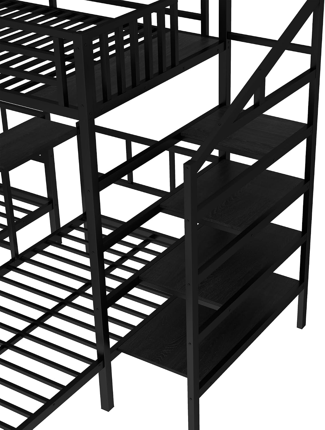 Bellemave Twin Over Twin Over Twin Bunk Bed for 3 Kids, Heavy Duty Triple Bunk Beds with Storage Stairs, Desk and Guardrails, Noise Free Design Triple Bed Frame, Black