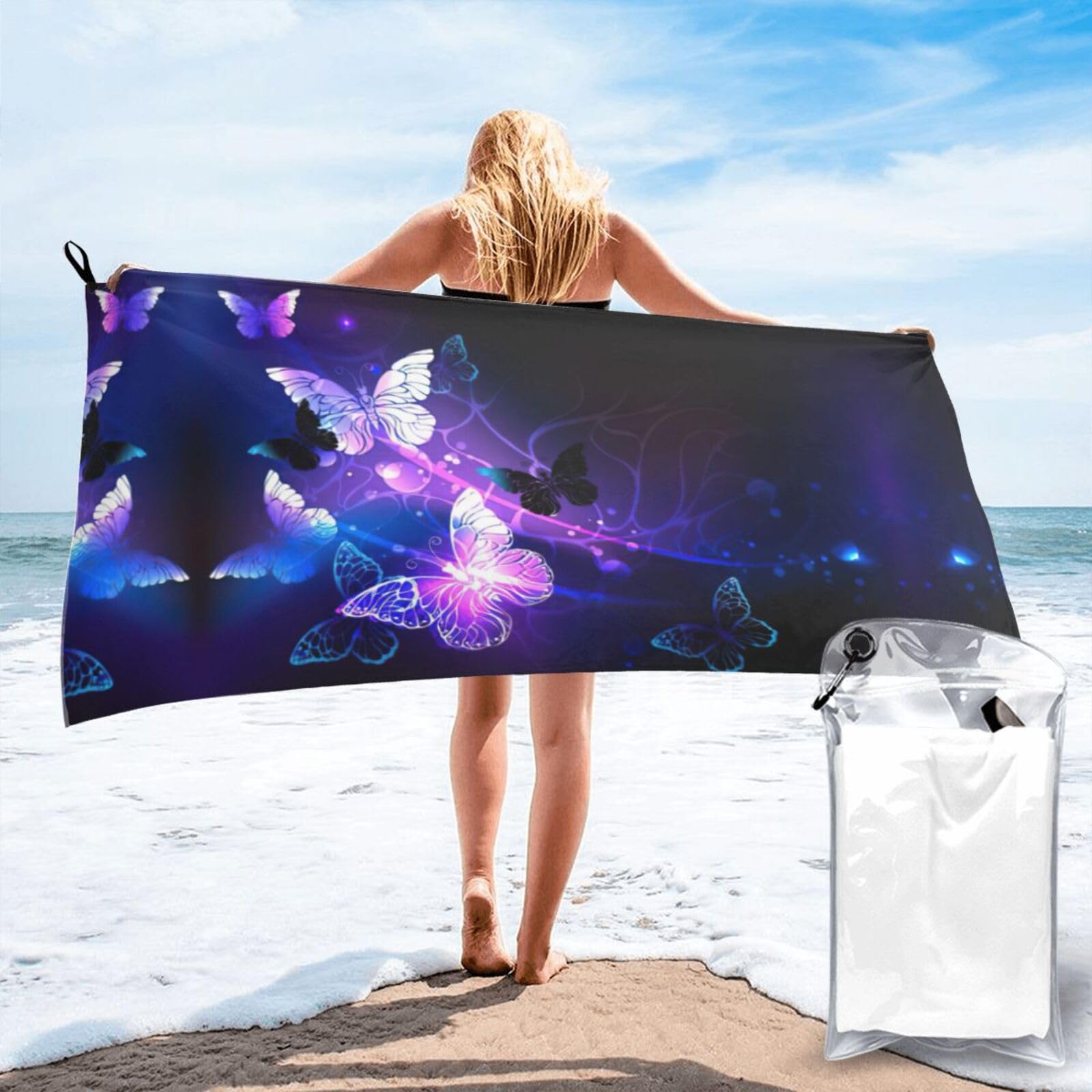 Jiuty White Background With Night Butterflies Print Fast Dry Beach Towel Portable For Swimming Travel Gym Hiking Gift