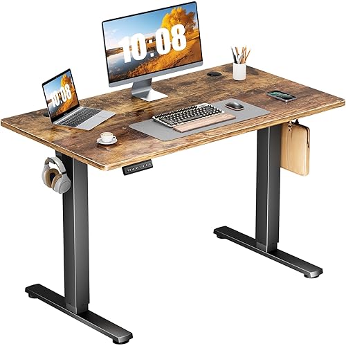 Sweetcrispy Electric Standing Desk Adjustable Height, 40x24 Inch Sit Stand Up Home Office Desks Computer Workstation PC Work Table with 3 Memory Preset Splice Wood Board Metal Frame, Rustic