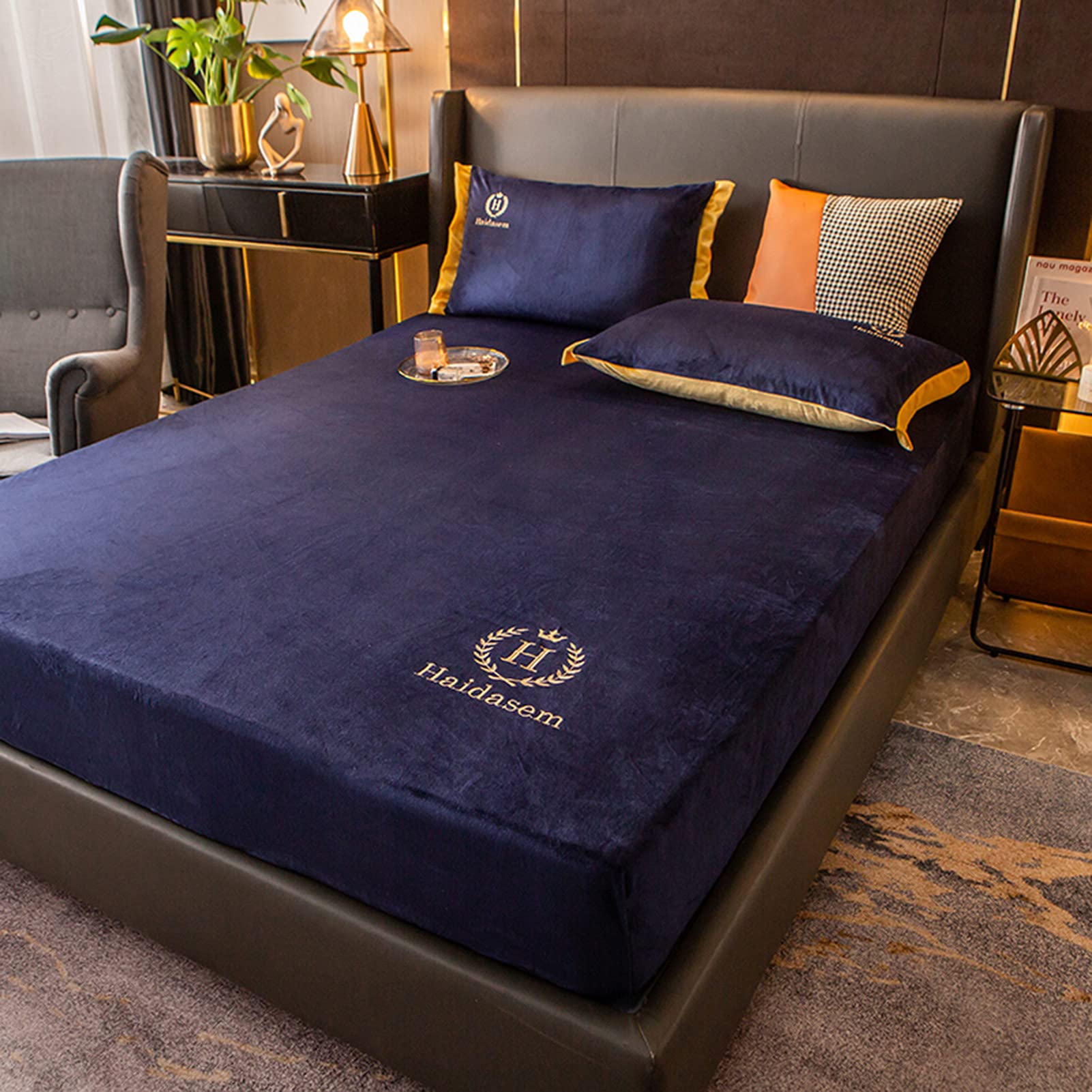 Flannel Mattress Protector, Flat Sheet Set, Velvet Fitted Mattress Cover 3 Pcs, Easy Care and Breathable Bed Sheets with 25cm Deep Pocket for All Seasons (Navy,Super King: 200x220cm)