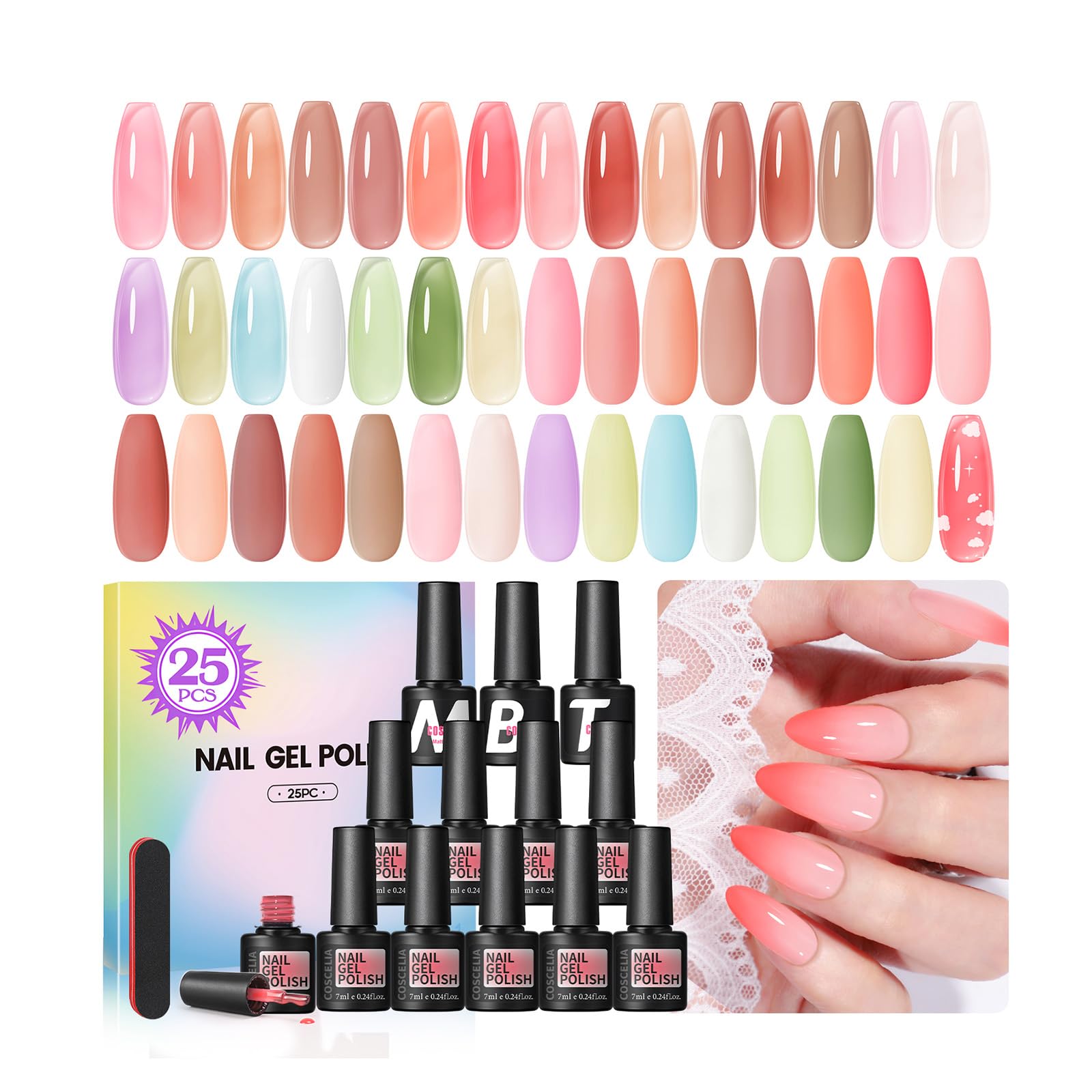 COSCELIA Jelly Nude Gel Nail Polish Set, 24 Colors Translucent Pastel Pink Green U V Gel Polish with 3PCS Base Top Coat Soak Off Nail Gel Kit for Salon Home Nail Art